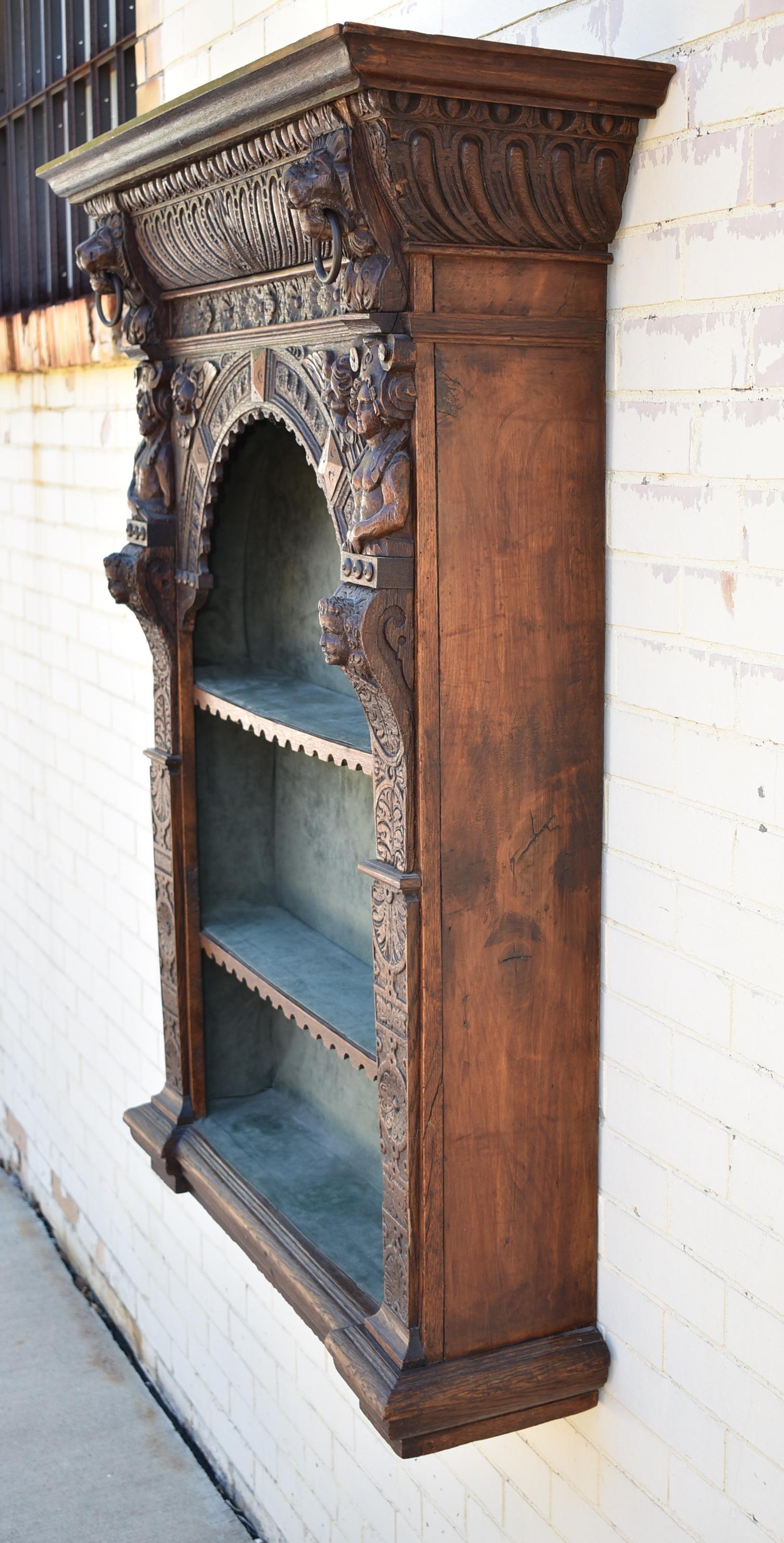 European Antique Hand Carved Oak Gothic Revival English Wall Cabinet For Sale