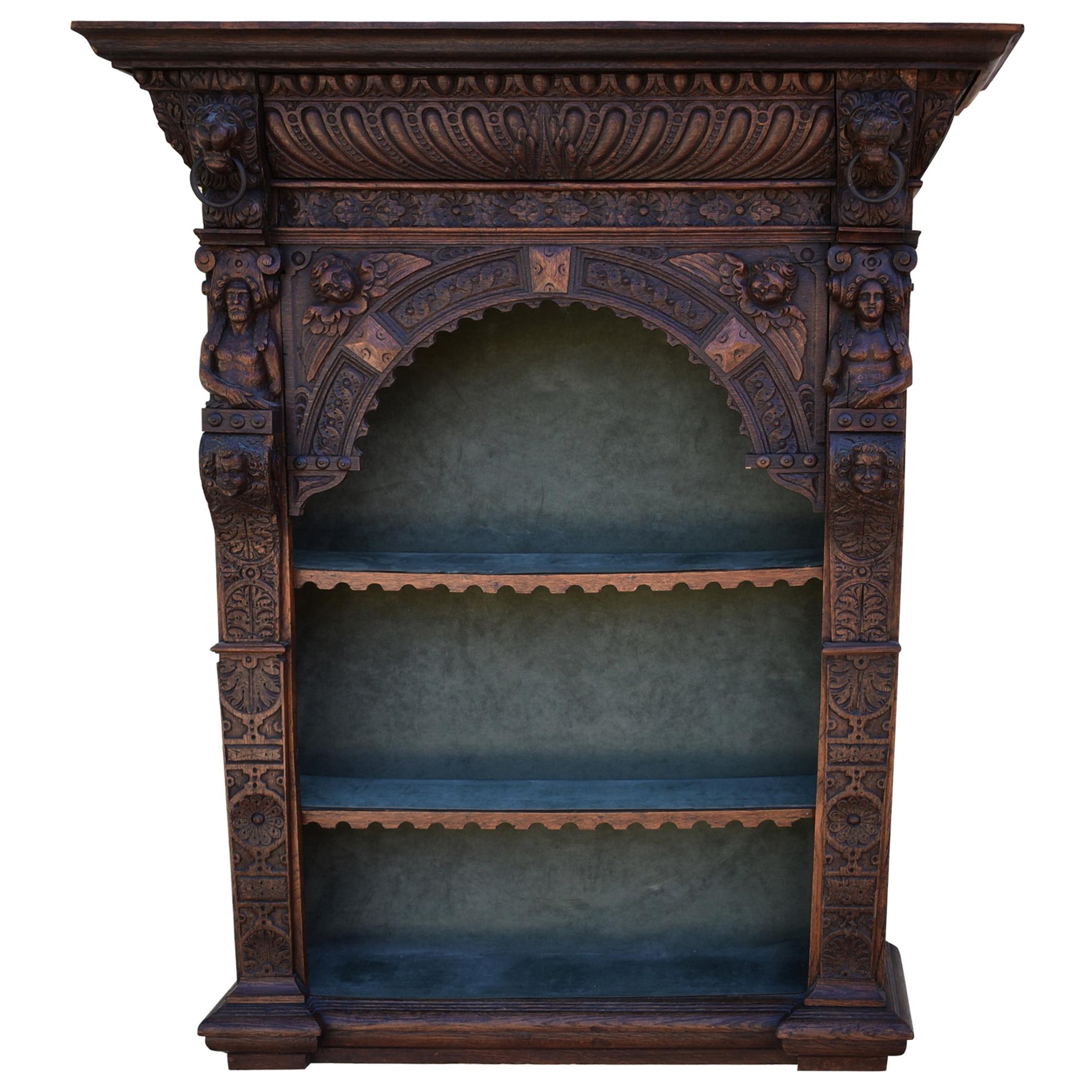 Antique Hand Carved Oak Gothic Revival English Wall Cabinet For Sale