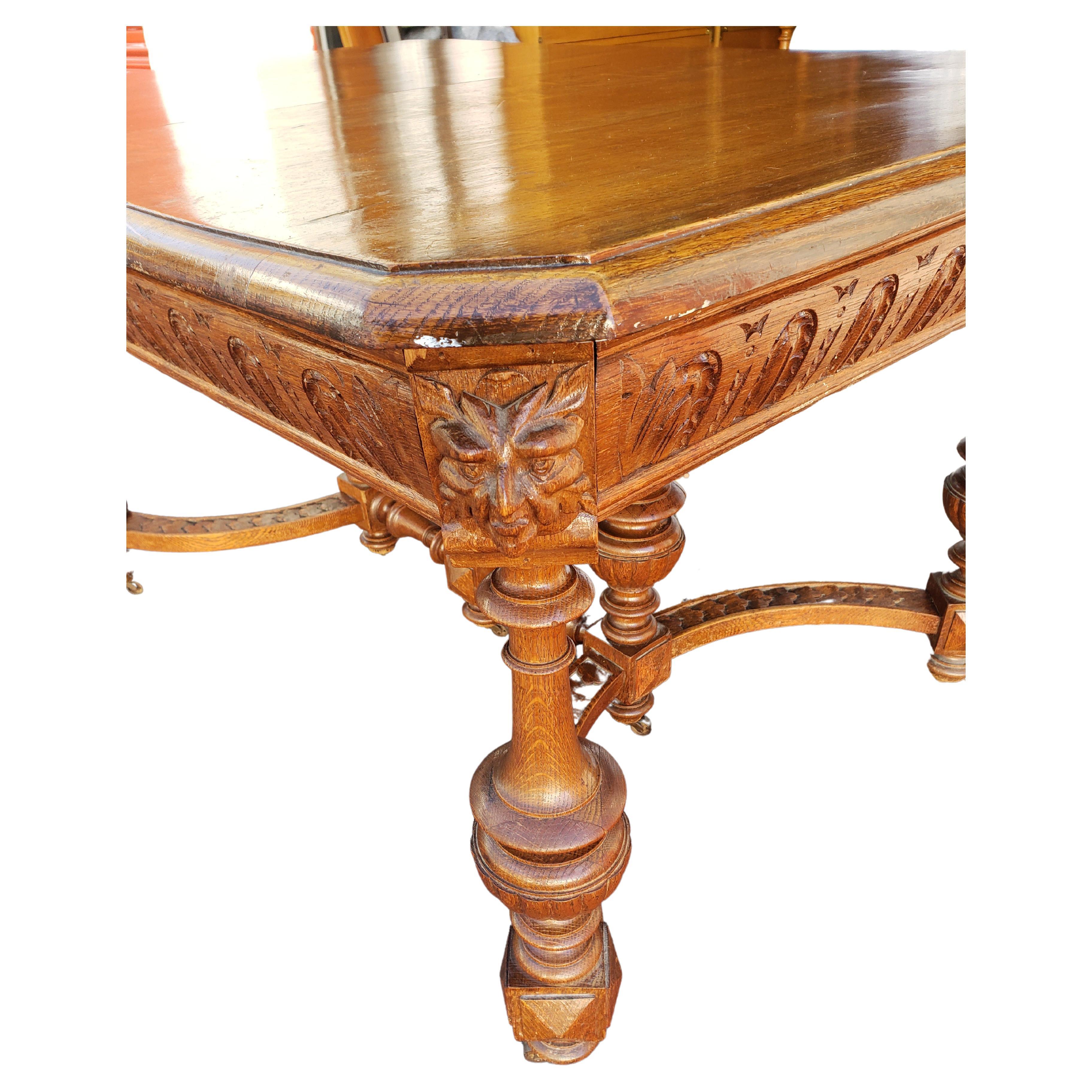 Antique Hand Carved Oak Jacobean Dining Table, Circa 1910s For Sale 1