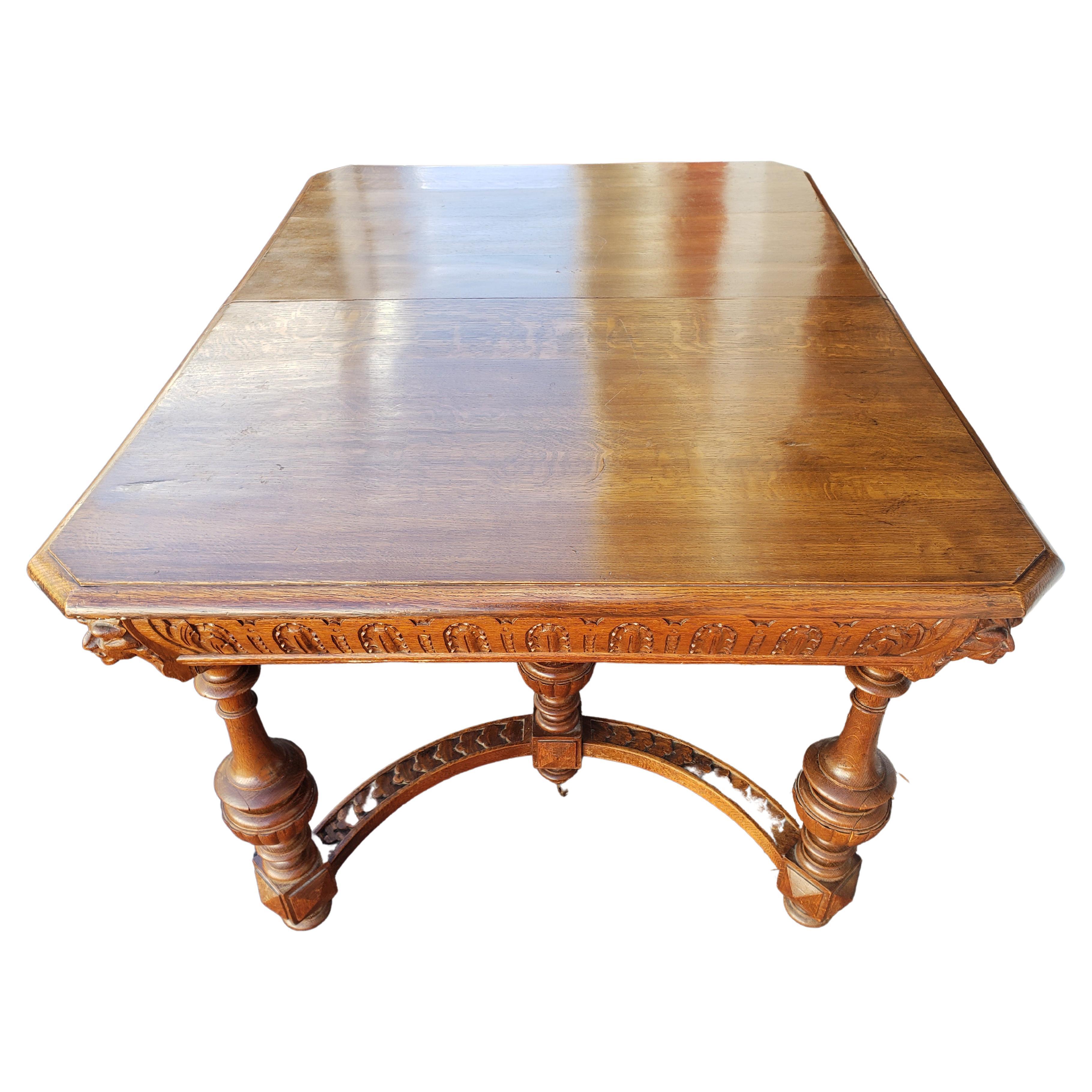 Antique Hand Carved Oak Jacobean Dining Table, Circa 1910s For Sale 2