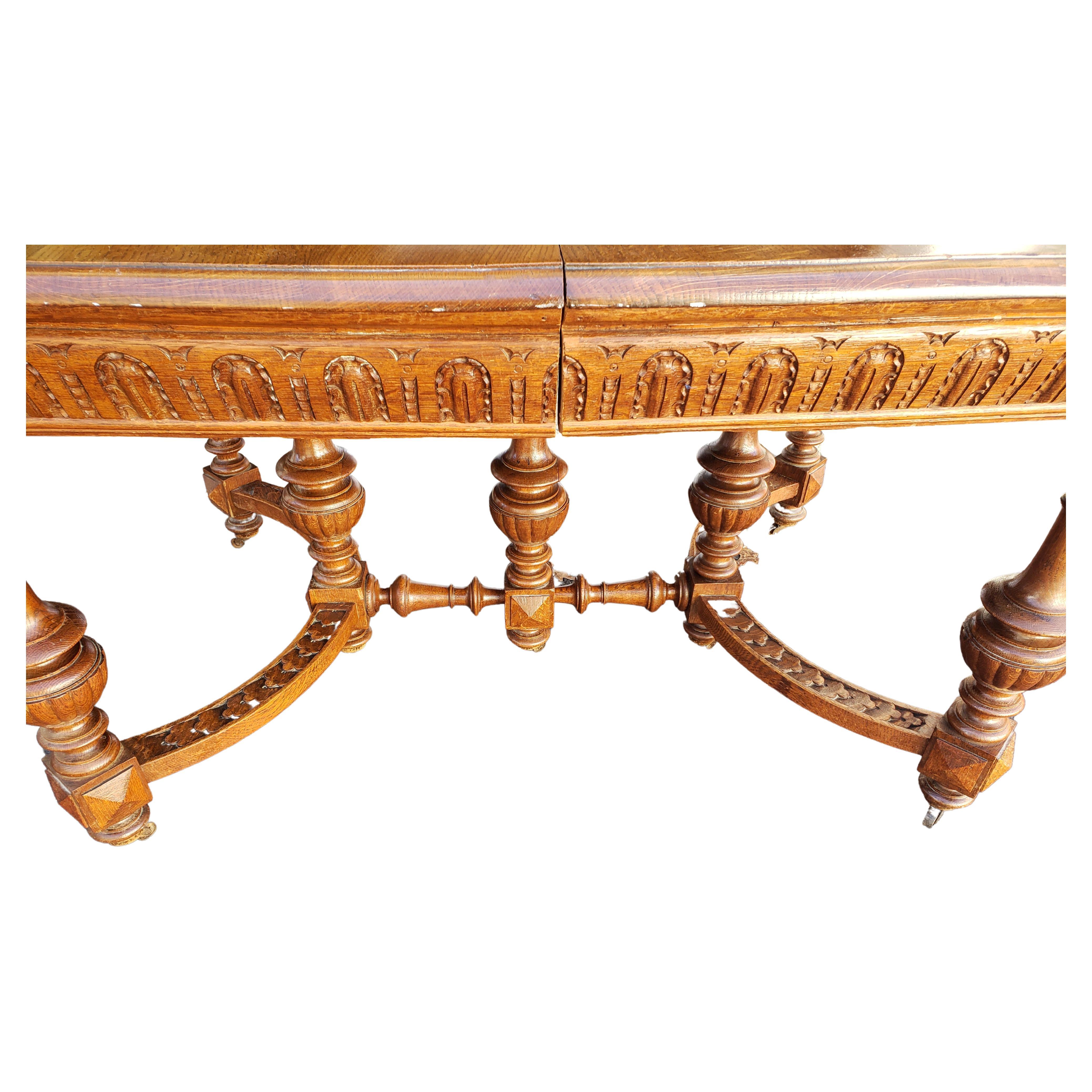 Antique Hand Carved Oak Jacobean Dining Table, Circa 1910s For Sale 3