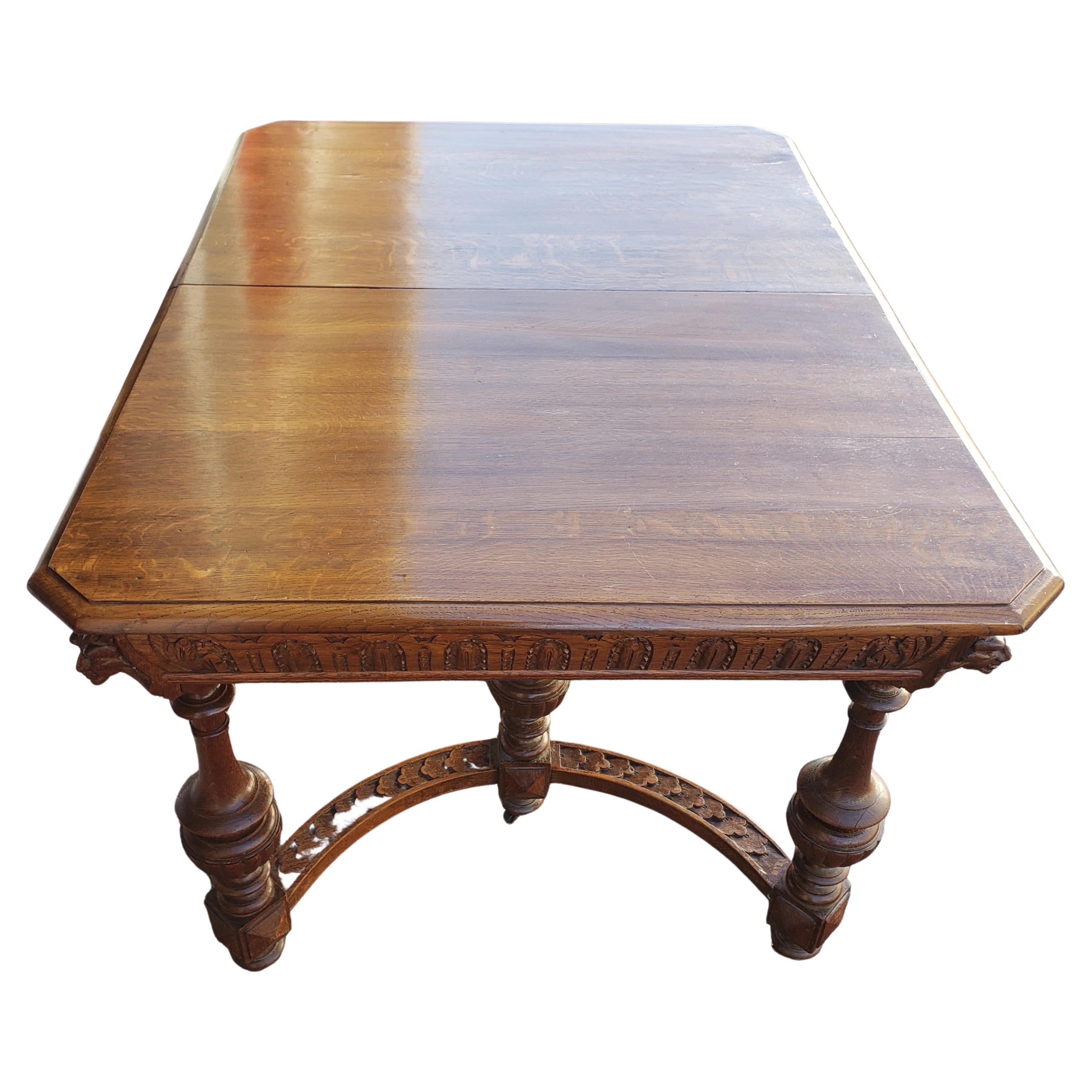 Antique Hand Carved Oak Jacobean Dining Table, Circa 1910s For Sale 4