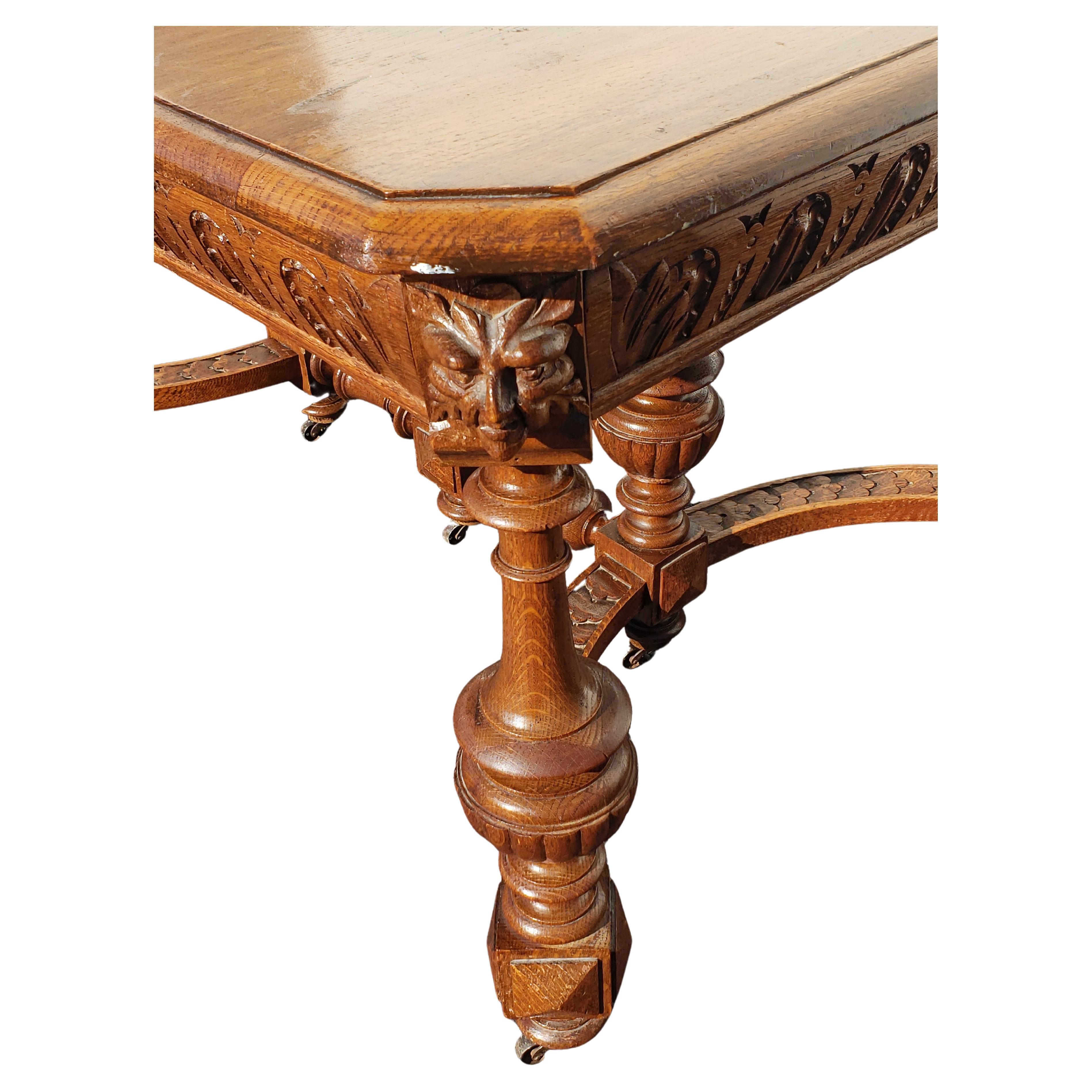 American Antique Hand Carved Oak Jacobean Dining Table, Circa 1910s For Sale