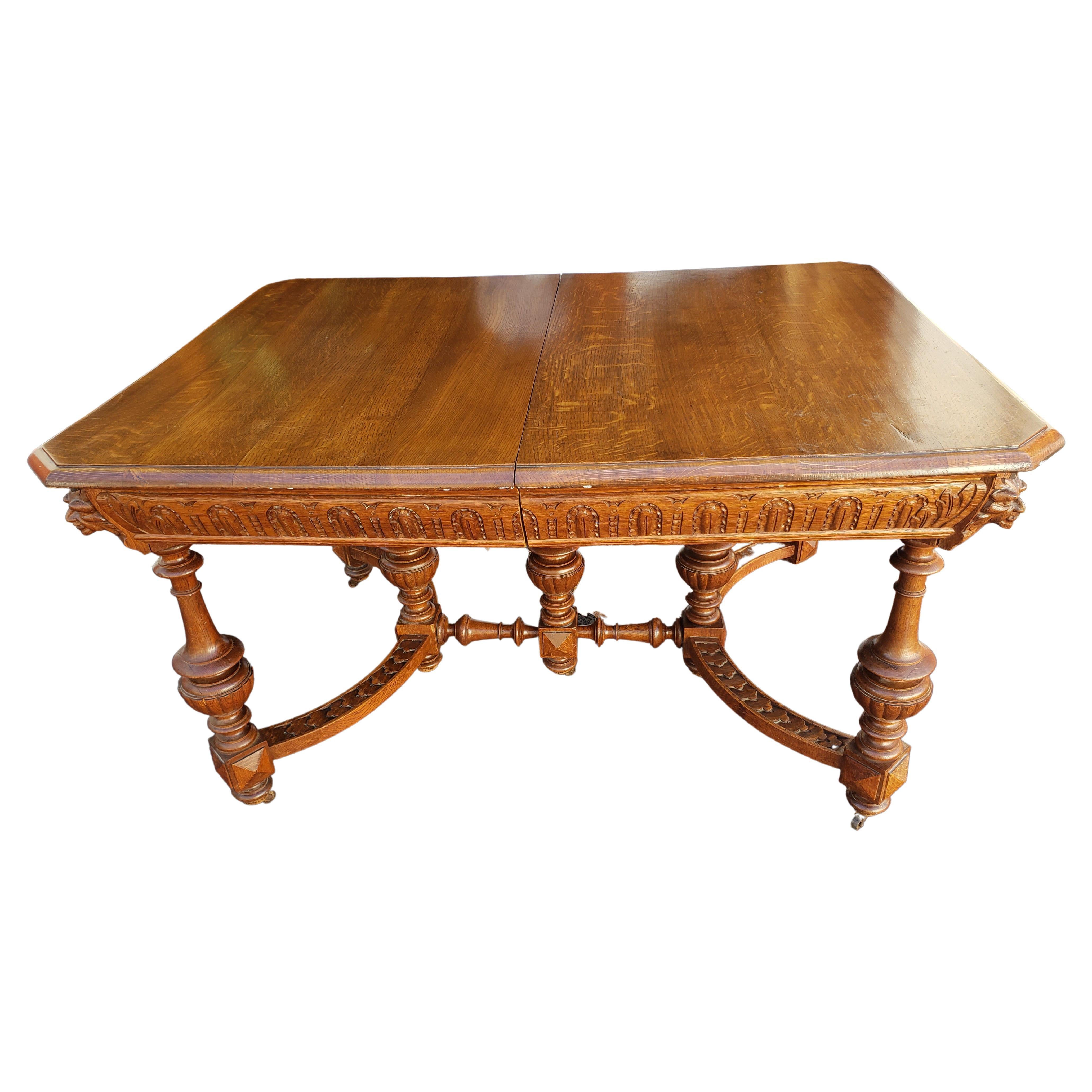 Antique Hand Carved Oak Jacobean Dining Table, Circa 1910s For Sale