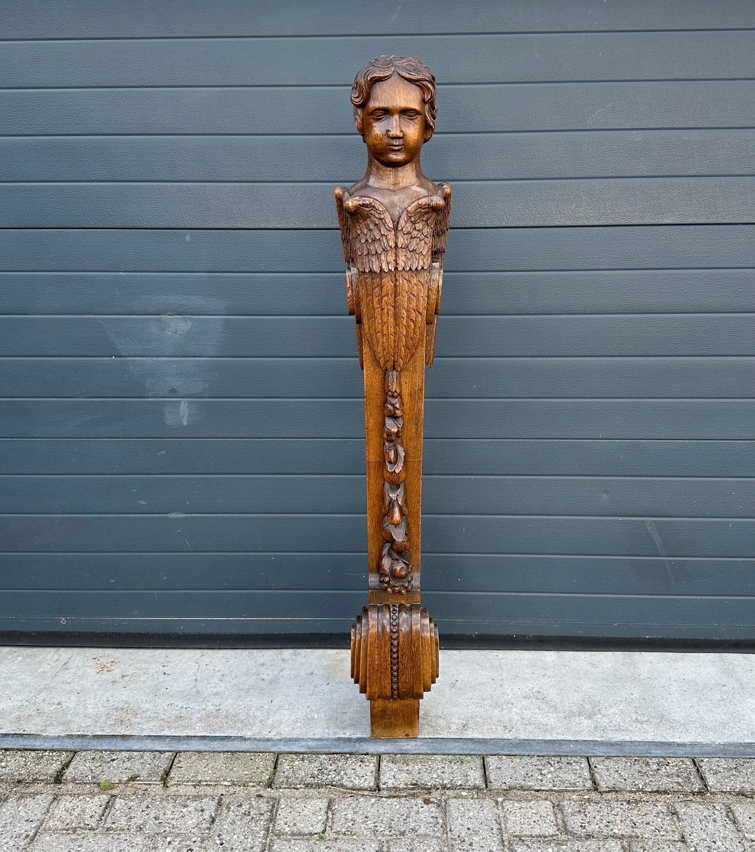 Antique Gothic Revival Carved Oak Stair Rail Newel Post w Angel Sculpture 19thC. For Sale 3