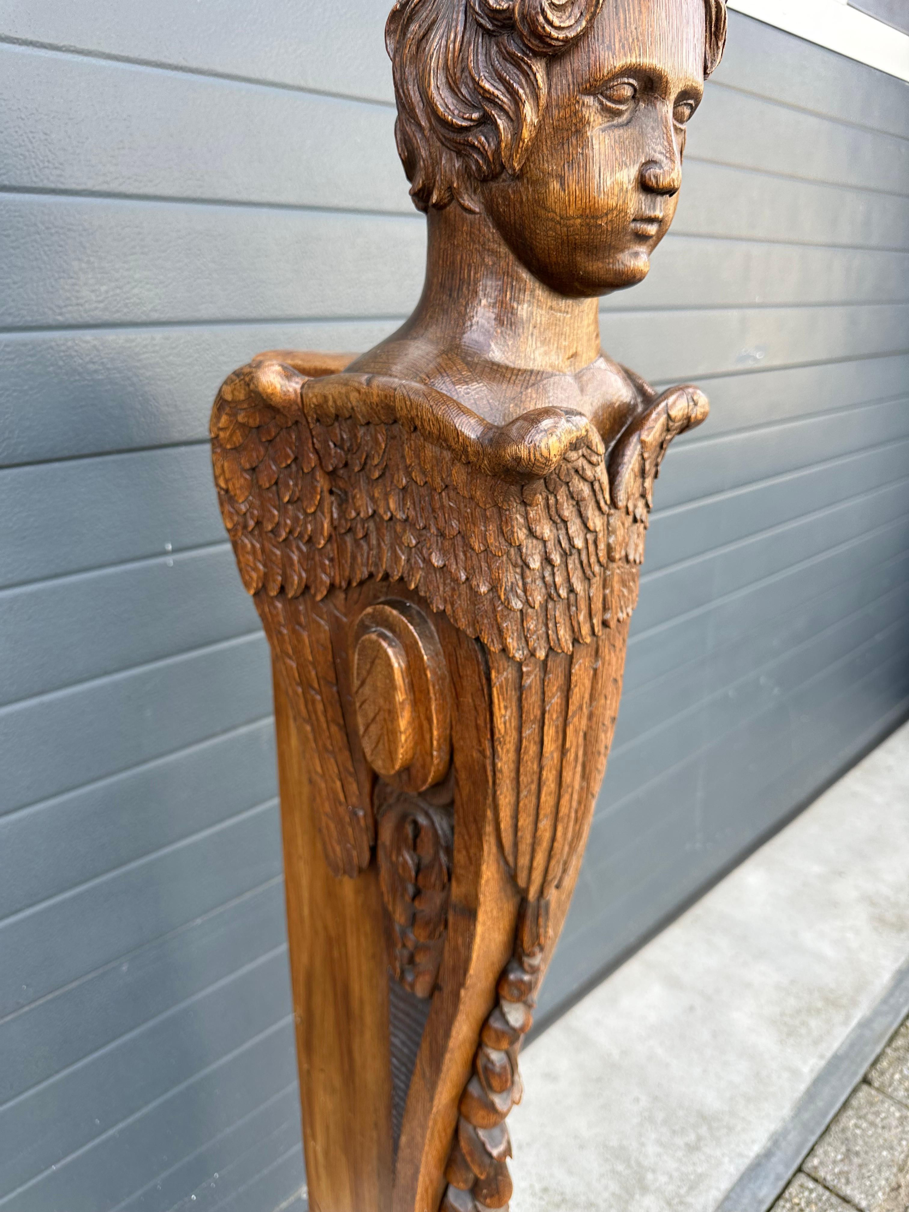 Antique Hand Carved Oak Stair Rail Newel Post w. Winged Angel Sculpture 19thC. For Sale 8