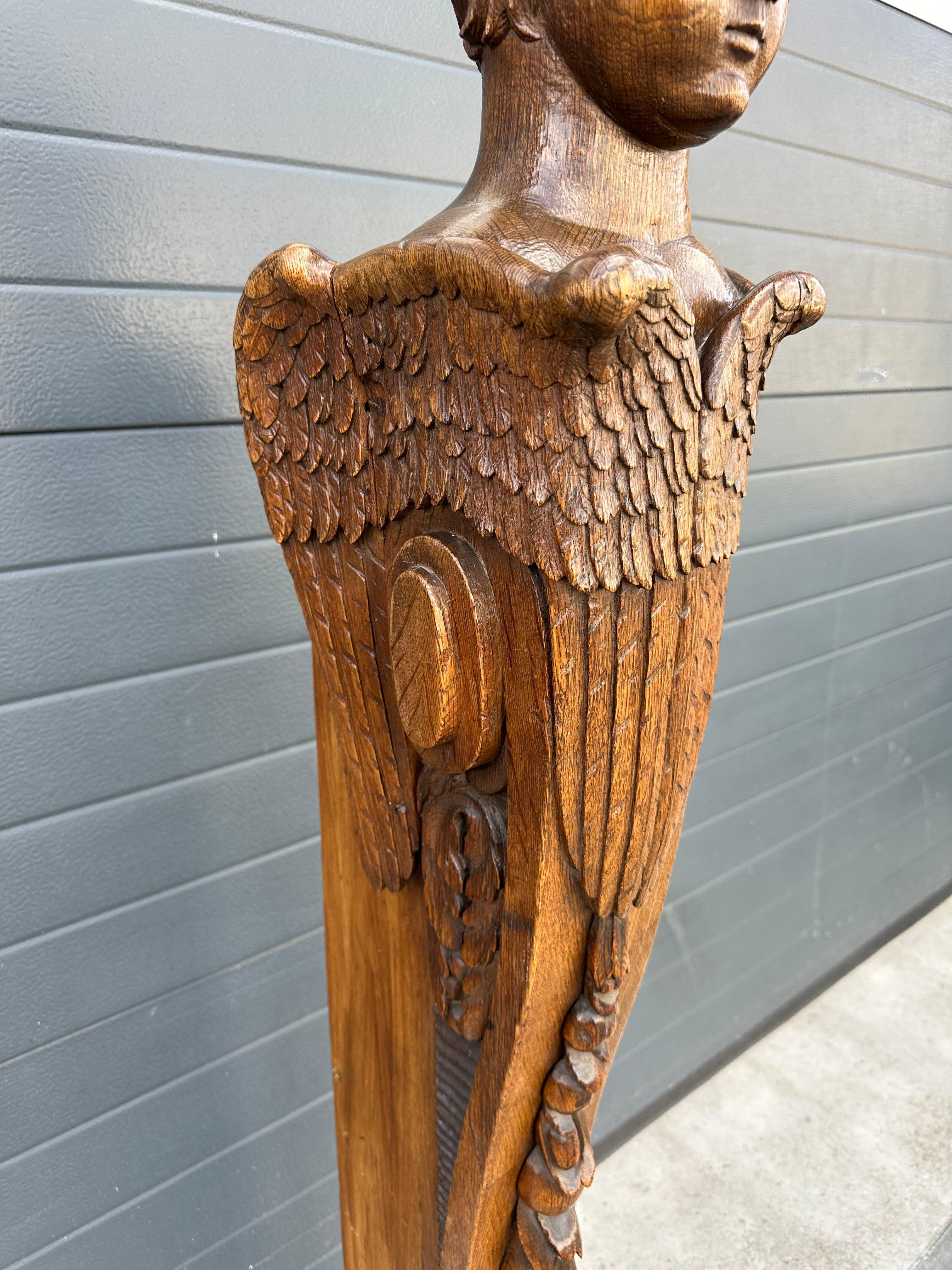 19th Century Antique Gothic Revival Carved Oak Stair Rail Newel Post w Angel Sculpture 19thC. For Sale