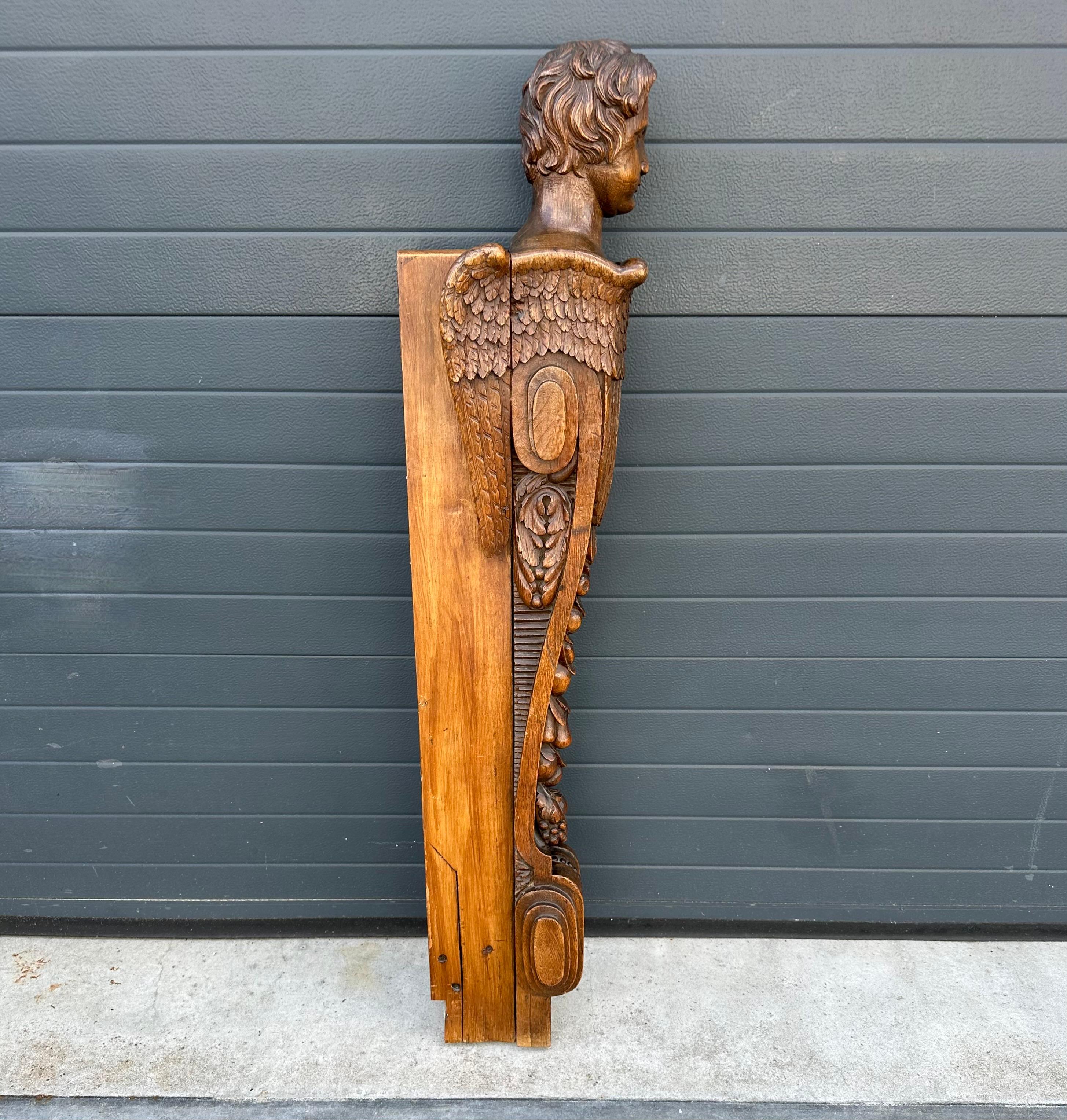 Antique Gothic Revival Carved Oak Stair Rail Newel Post w Angel Sculpture 19thC. For Sale 2