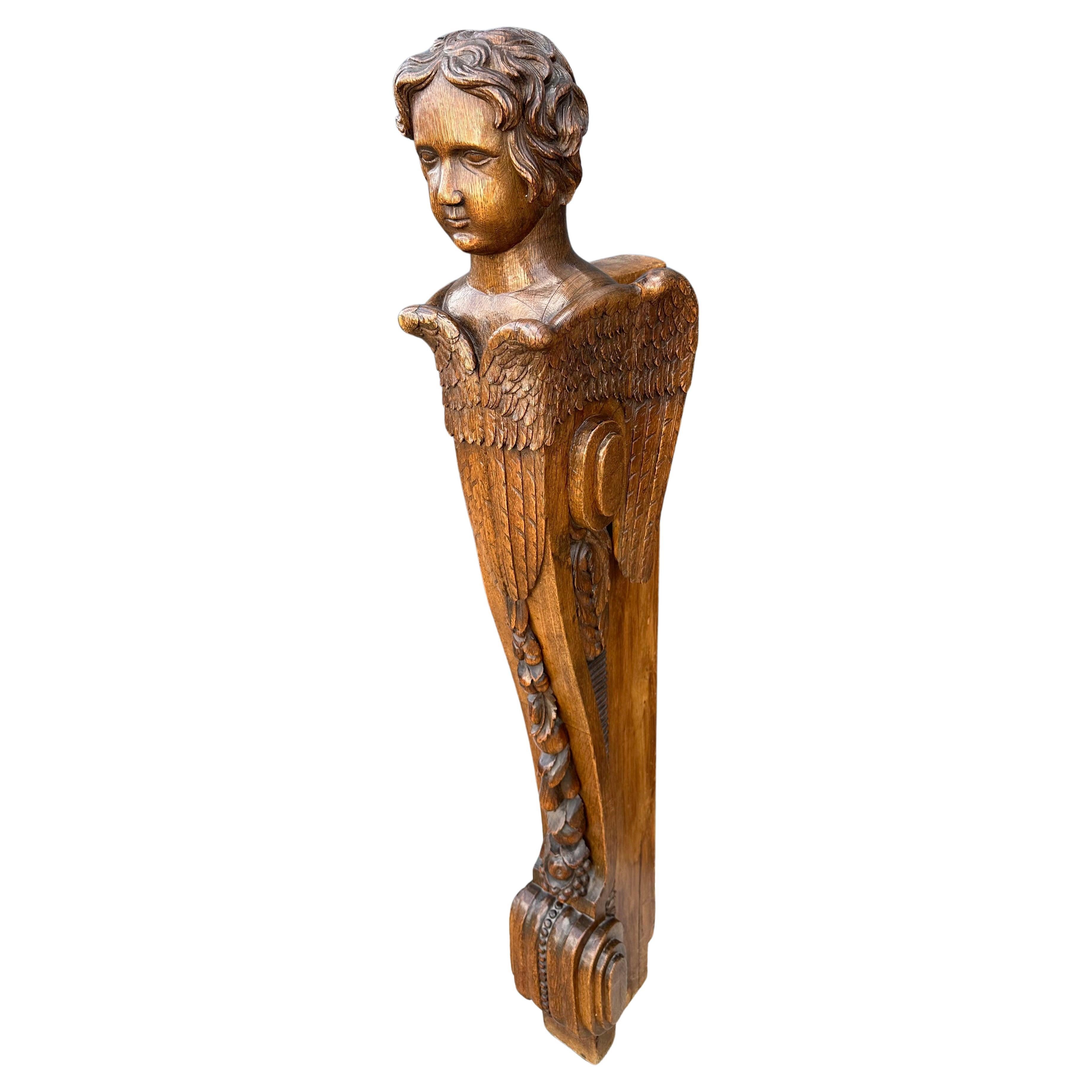 Antique Gothic Revival Carved Oak Stair Rail Newel Post w Angel Sculpture 19thC. For Sale
