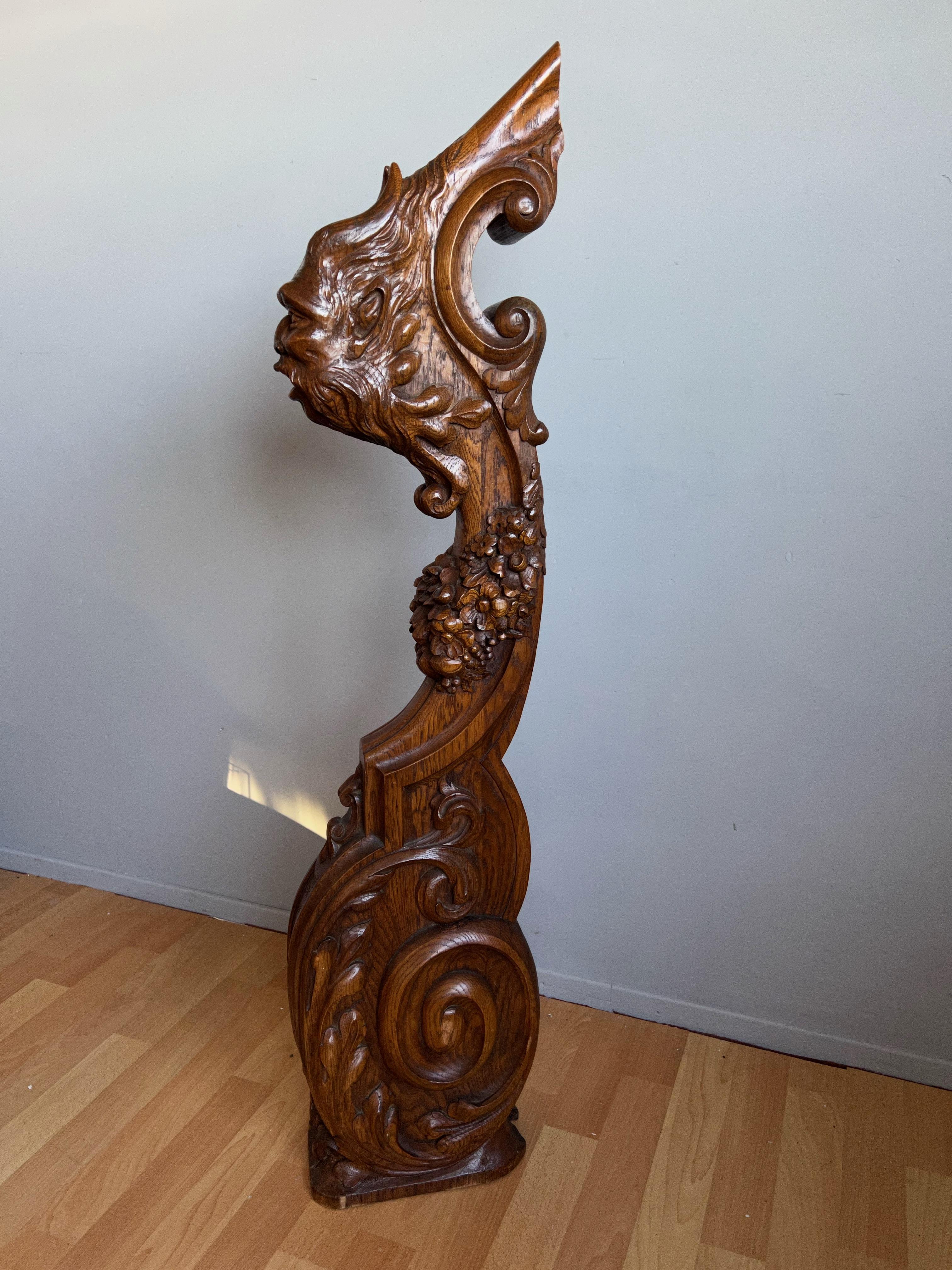 19th Century Antique Hand Carved Oak Stair Rail Newel Post with Ogre Sculpture & Many Flowers