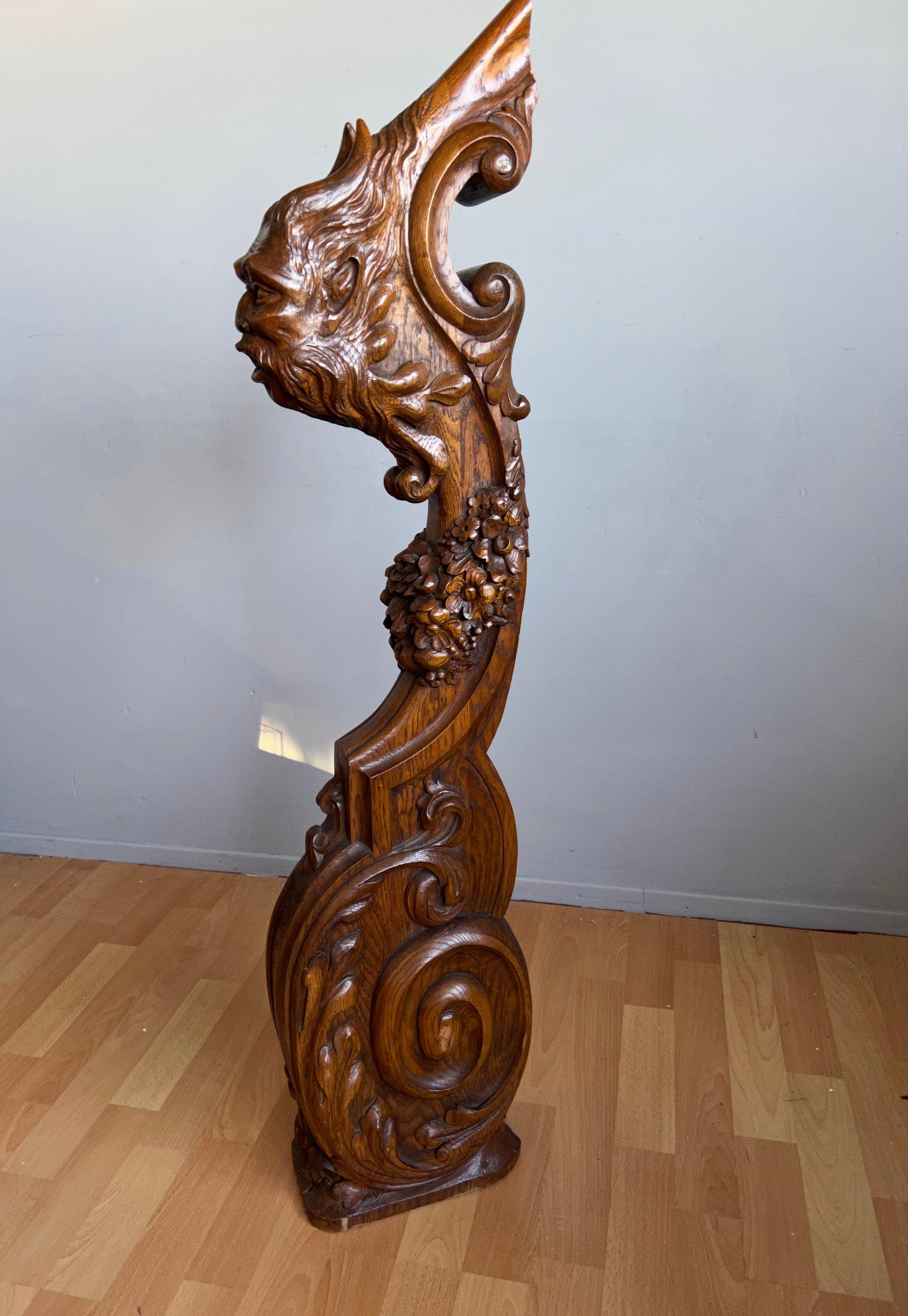 Antique Hand Carved Oak Stair Rail Newel Post with Ogre Sculpture & Many Flowers 1