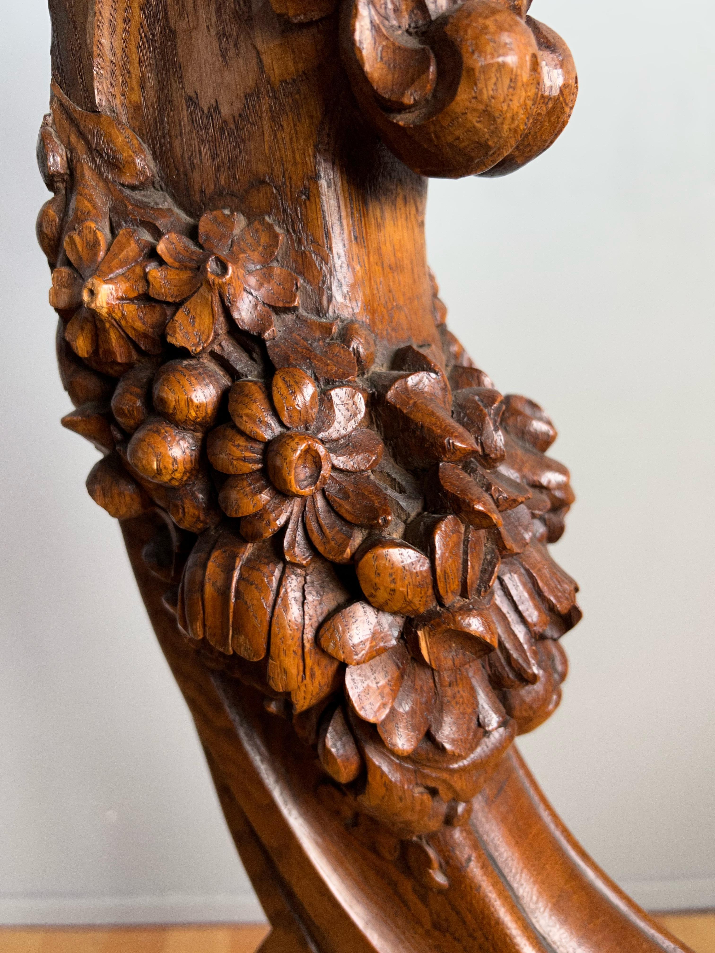 Antique Hand Carved Oak Stair Rail Newel Post with Ogre Sculpture & Many Flowers 4