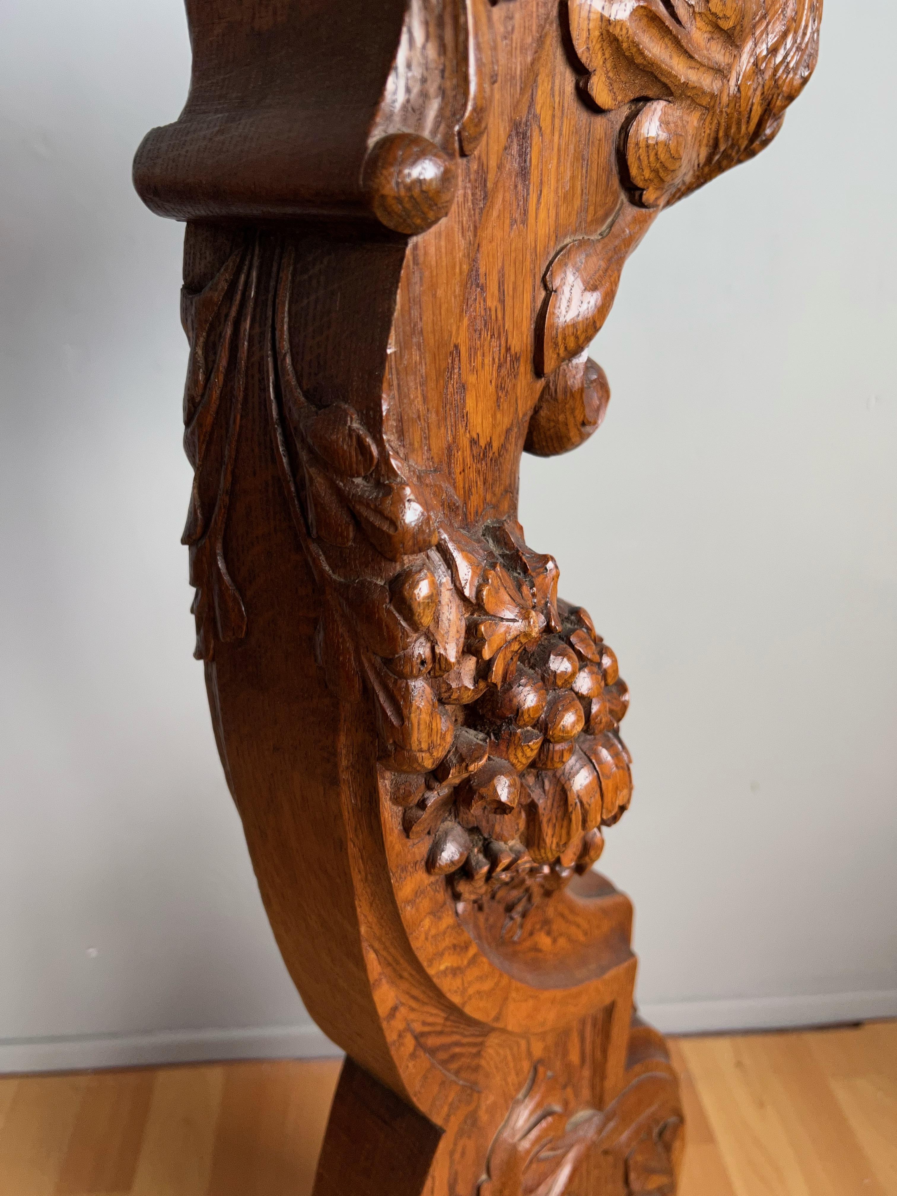 Antique Hand Carved Oak Stair Rail Newel Post with Ogre Sculpture & Many Flowers 5