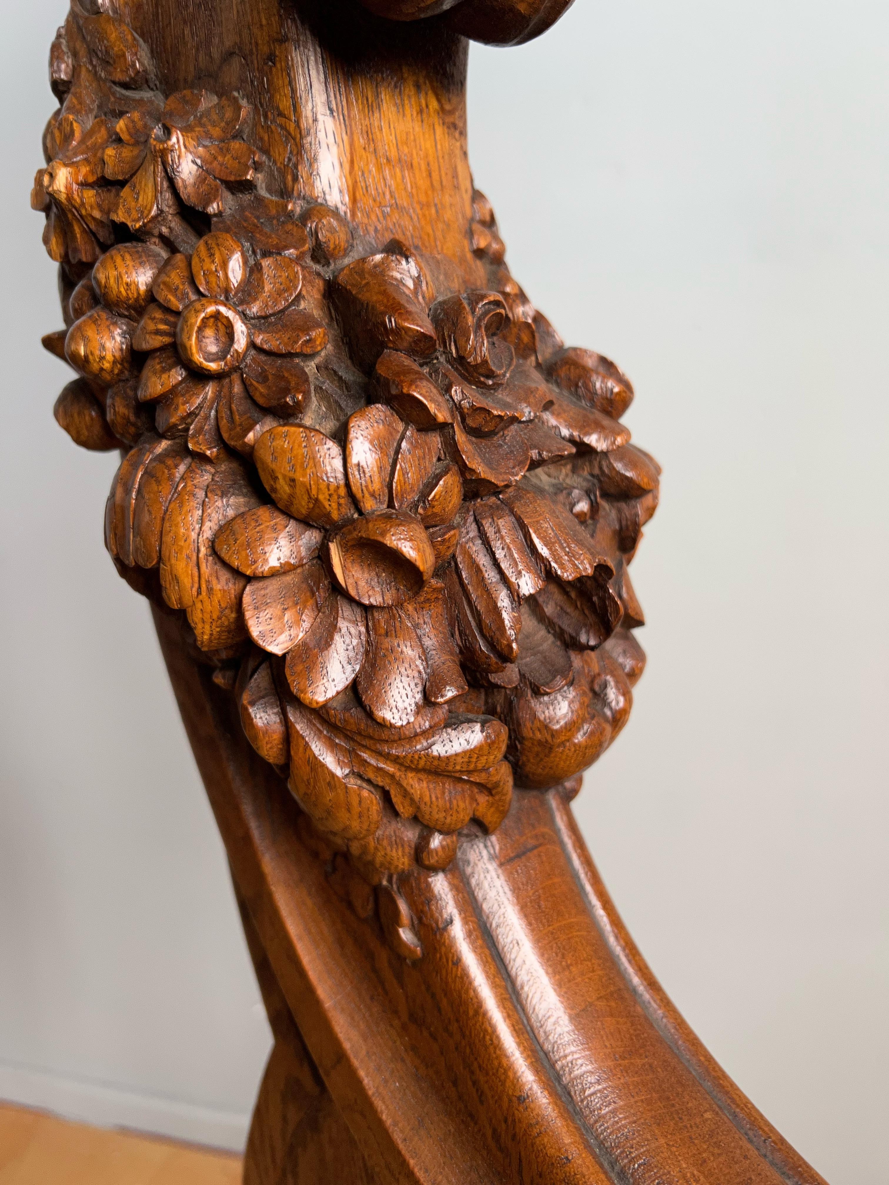 Antique Hand Carved Oak Stair Rail Newel Post with Ogre Sculpture & Many Flowers 9