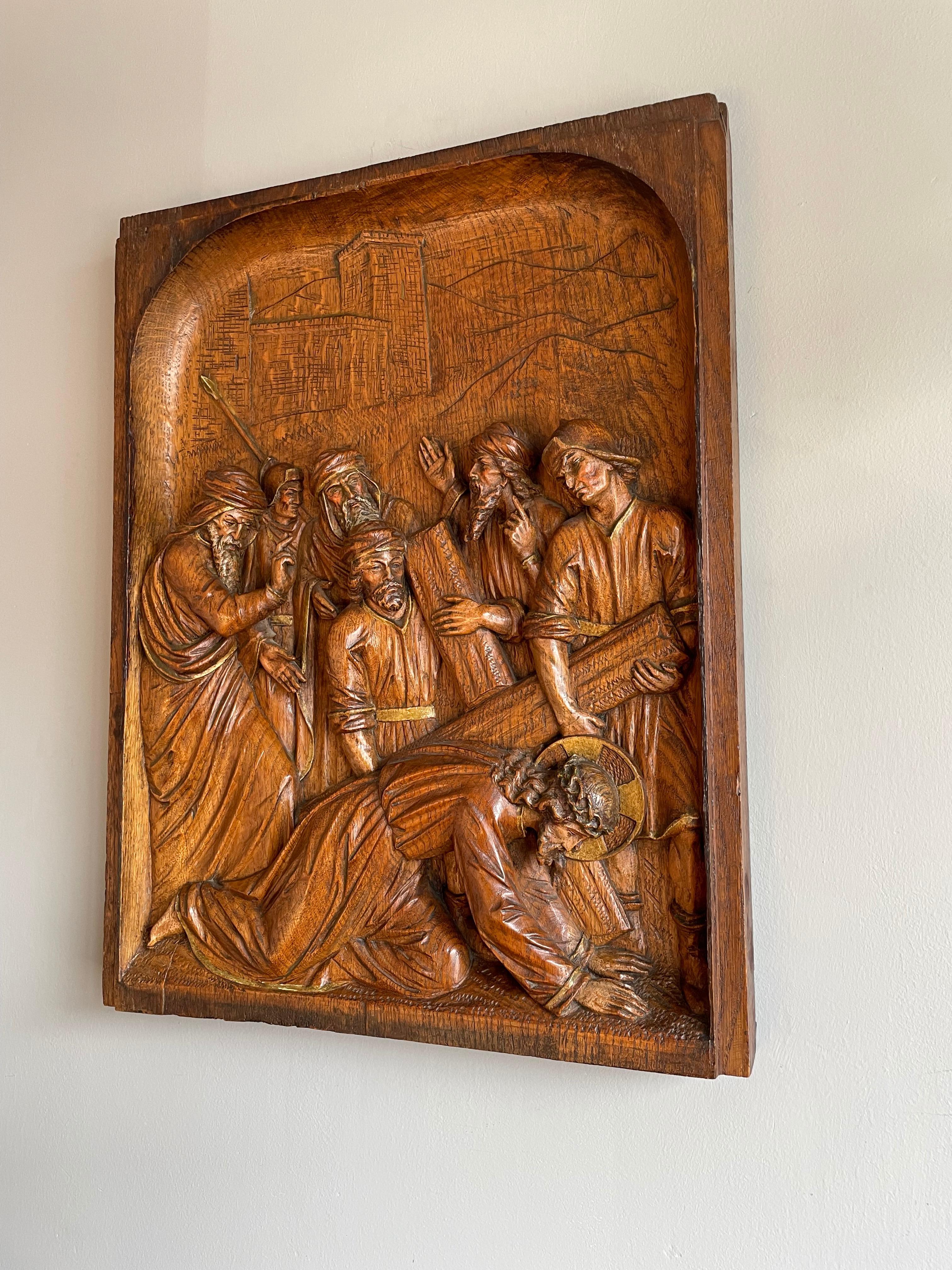 Antique Hand Carved Oak Wall Panel Depicting Christ Falling For 3rd Time Station 5