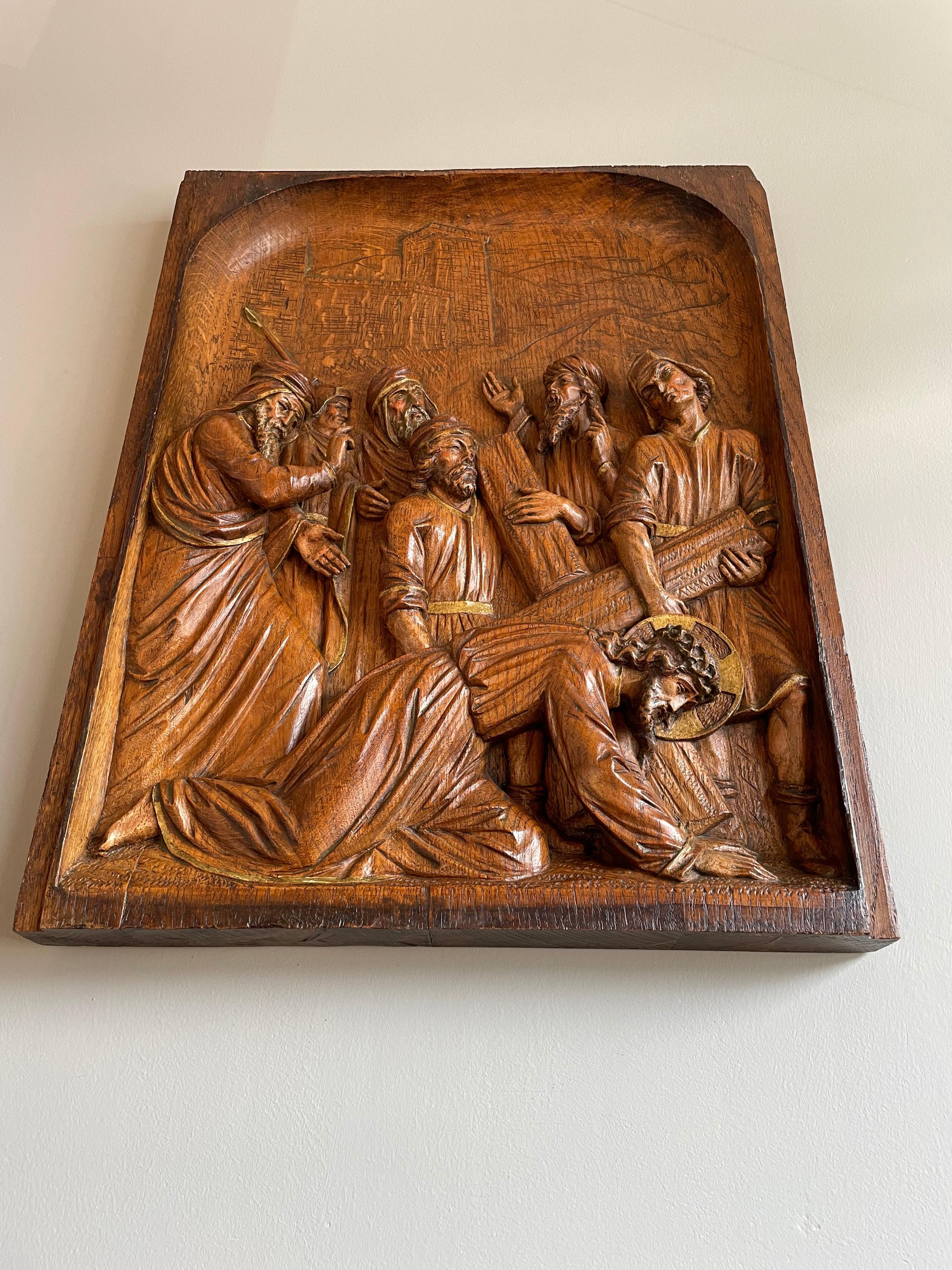 Antique Hand Carved Oak Wall Panel Depicting Christ Falling For 3rd Time Station 11