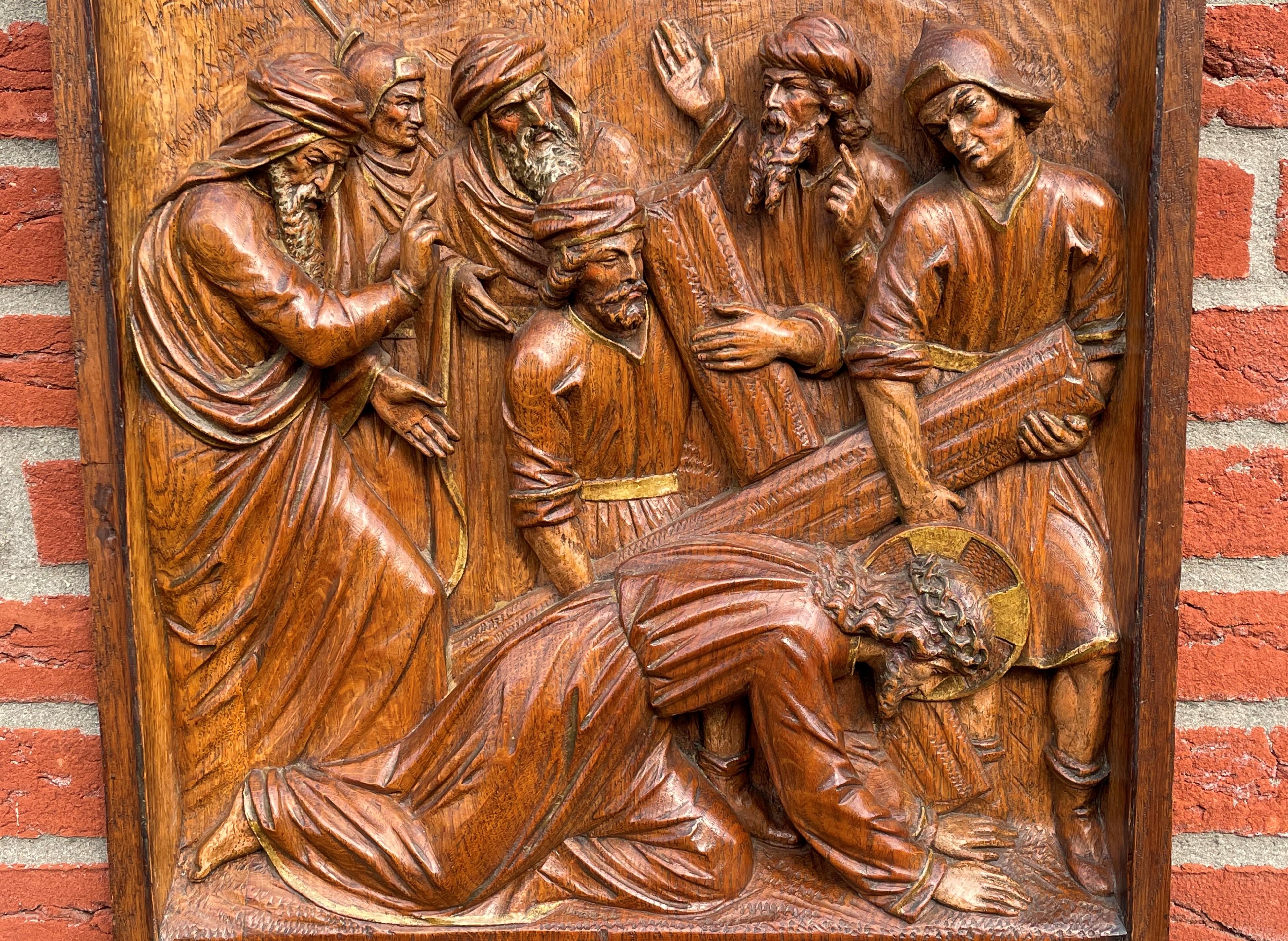 Gothic Revival Antique Hand Carved Oak Wall Panel Depicting Christ Falling For 3rd Time Station