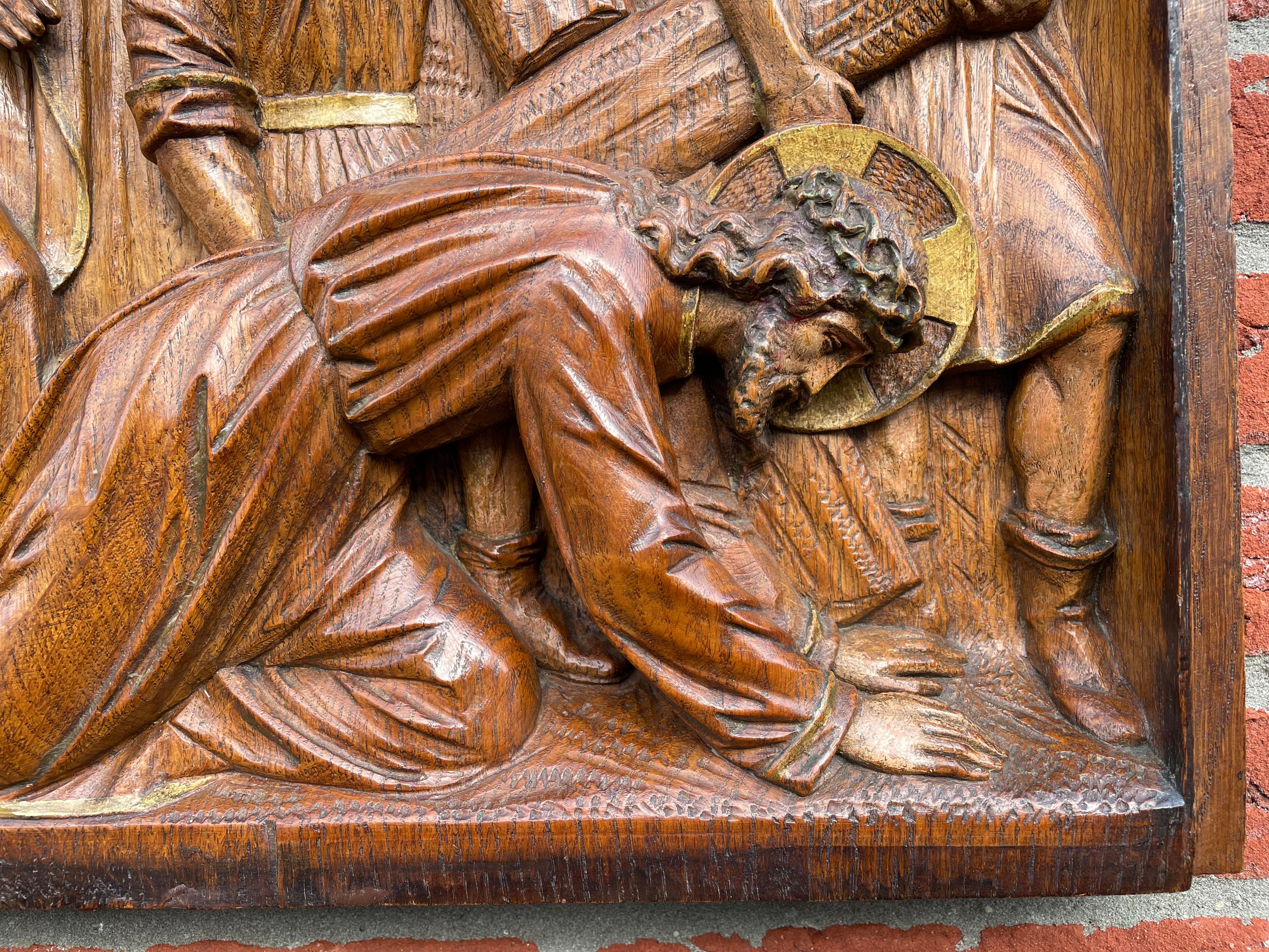 European Antique Hand Carved Oak Wall Panel Depicting Christ Falling For 3rd Time Station
