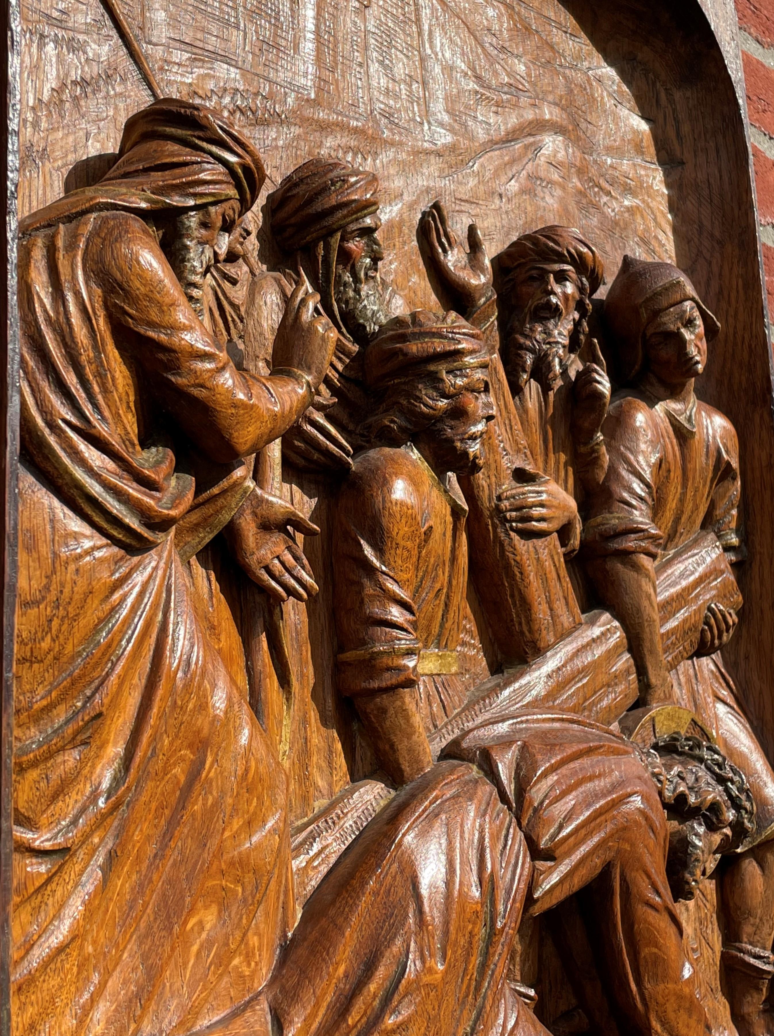 Hand-Carved Antique Hand Carved Oak Wall Panel Depicting Christ Falling For 3rd Time Station