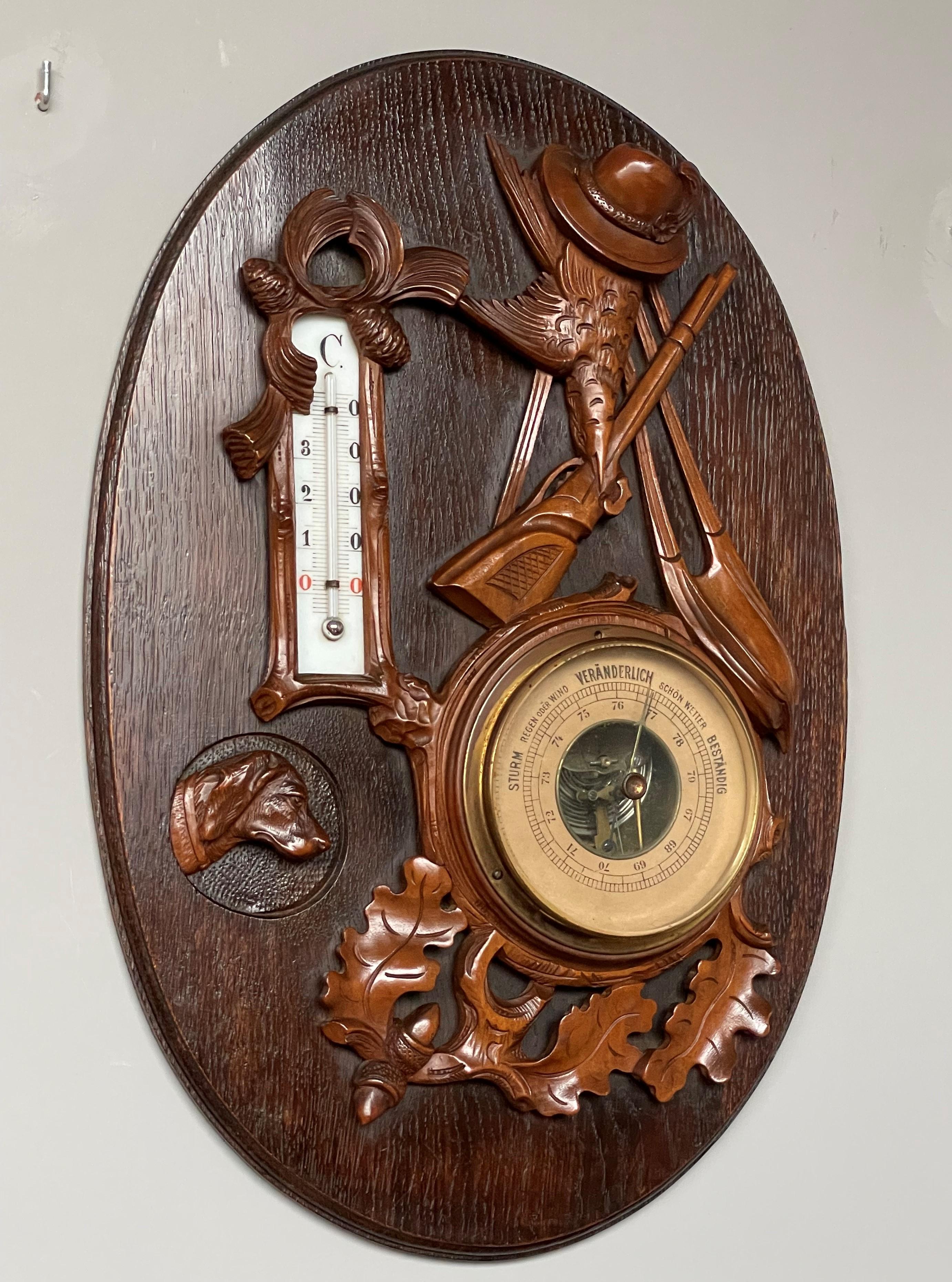 Brass Antique Hand Carved Oak & Walnut Swiss Barometer w. Hunting Gear & Hound Carving For Sale