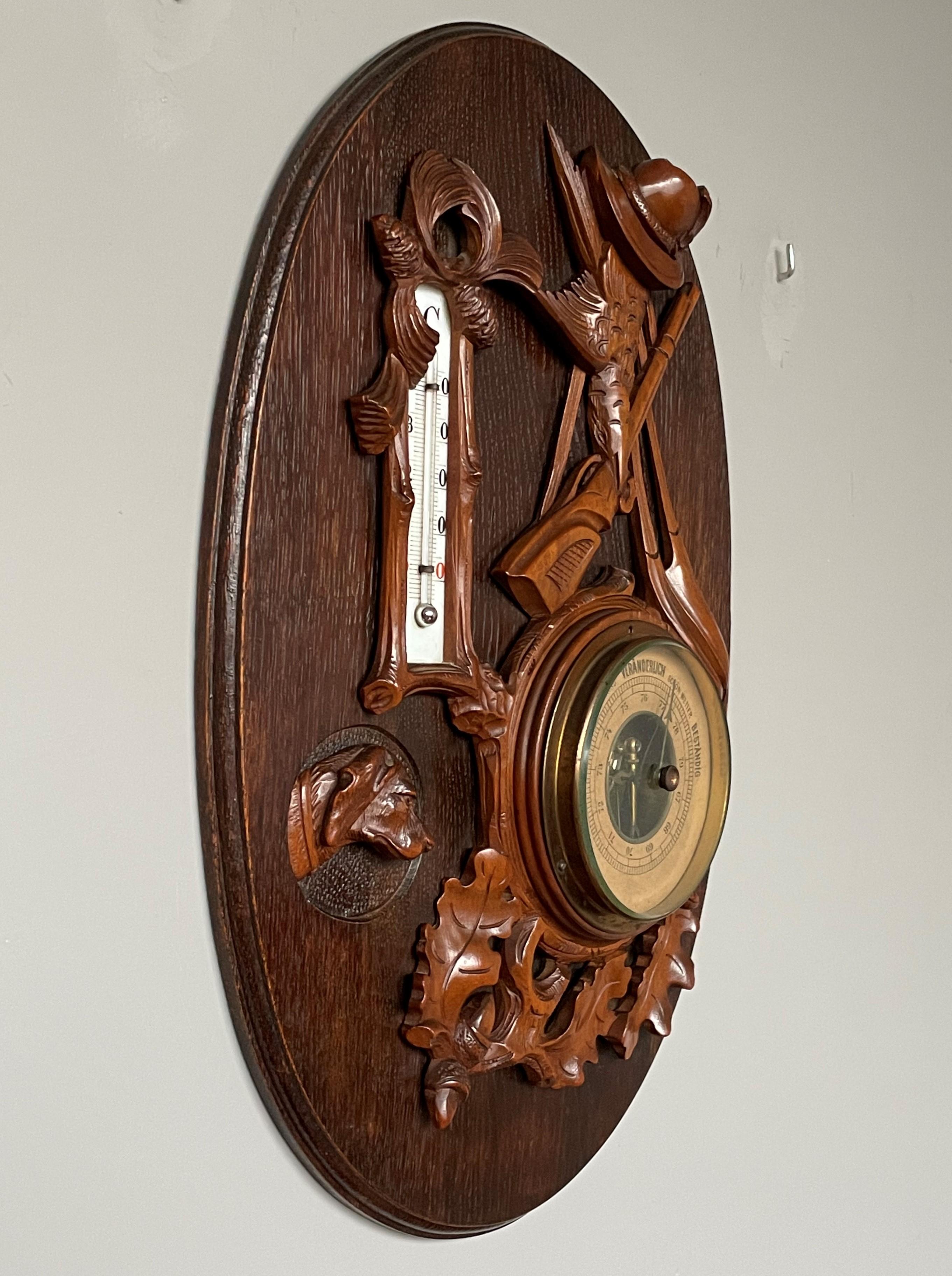 Antique Hand Carved Oak & Walnut Swiss Barometer w. Hunting Gear & Hound Carving For Sale 1