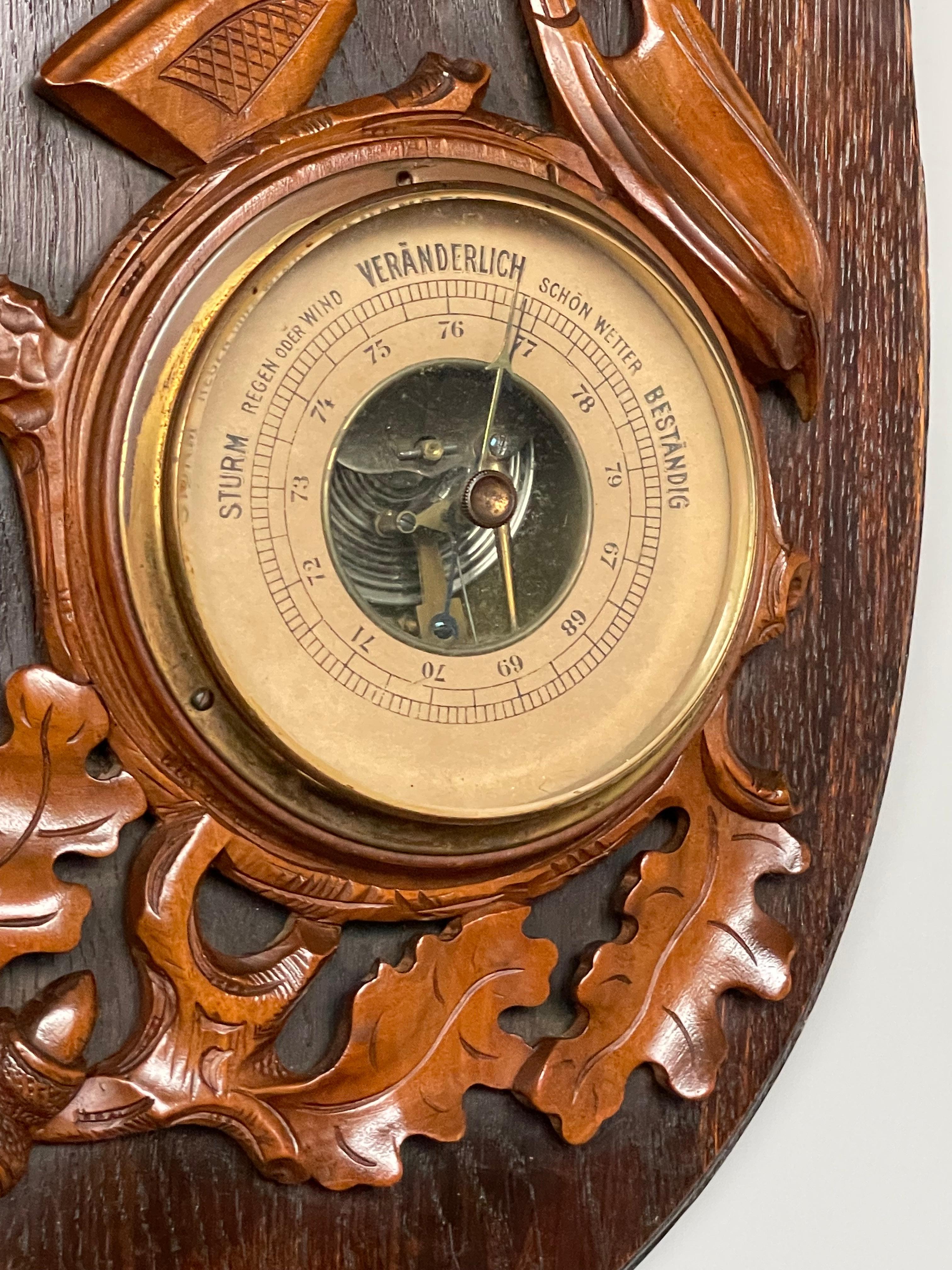 Antique Hand Carved Oak & Walnut Swiss Barometer w. Hunting Gear & Hound Carving For Sale 2