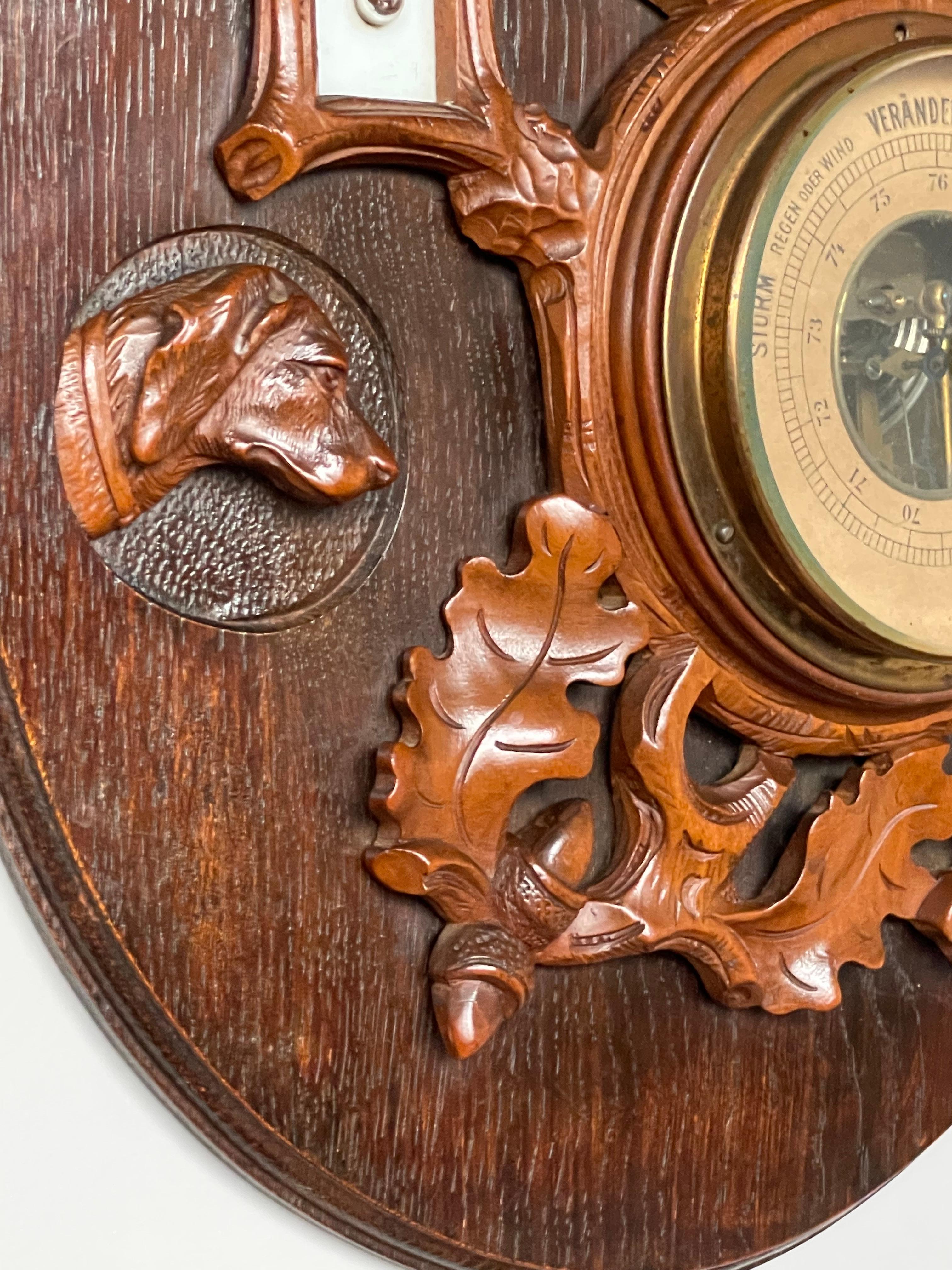 Antique Hand Carved Oak & Walnut Swiss Barometer w. Hunting Gear & Hound Carving For Sale 3