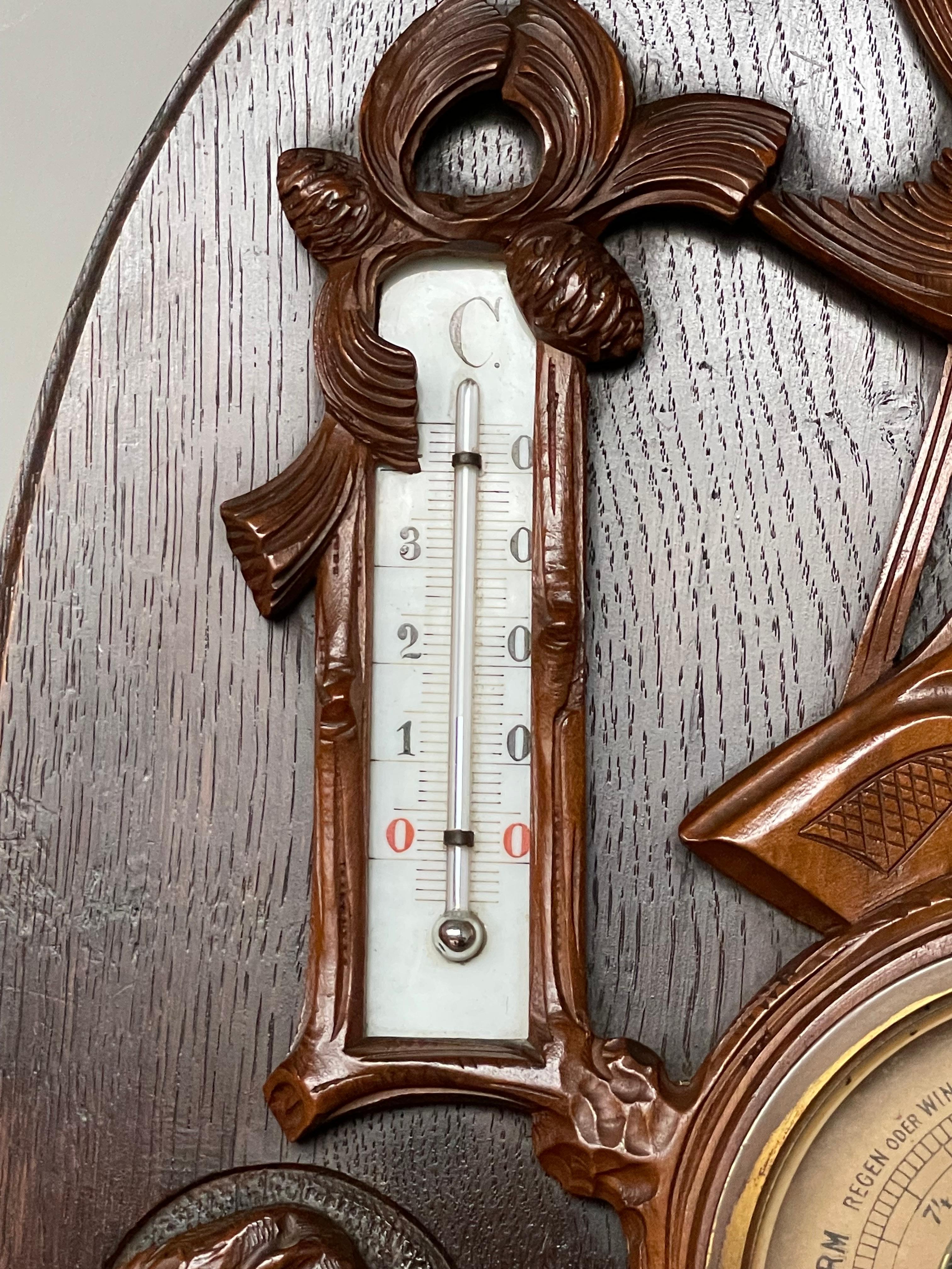 Antique Hand Carved Oak & Walnut Swiss Barometer w. Hunting Gear & Hound Carving 4