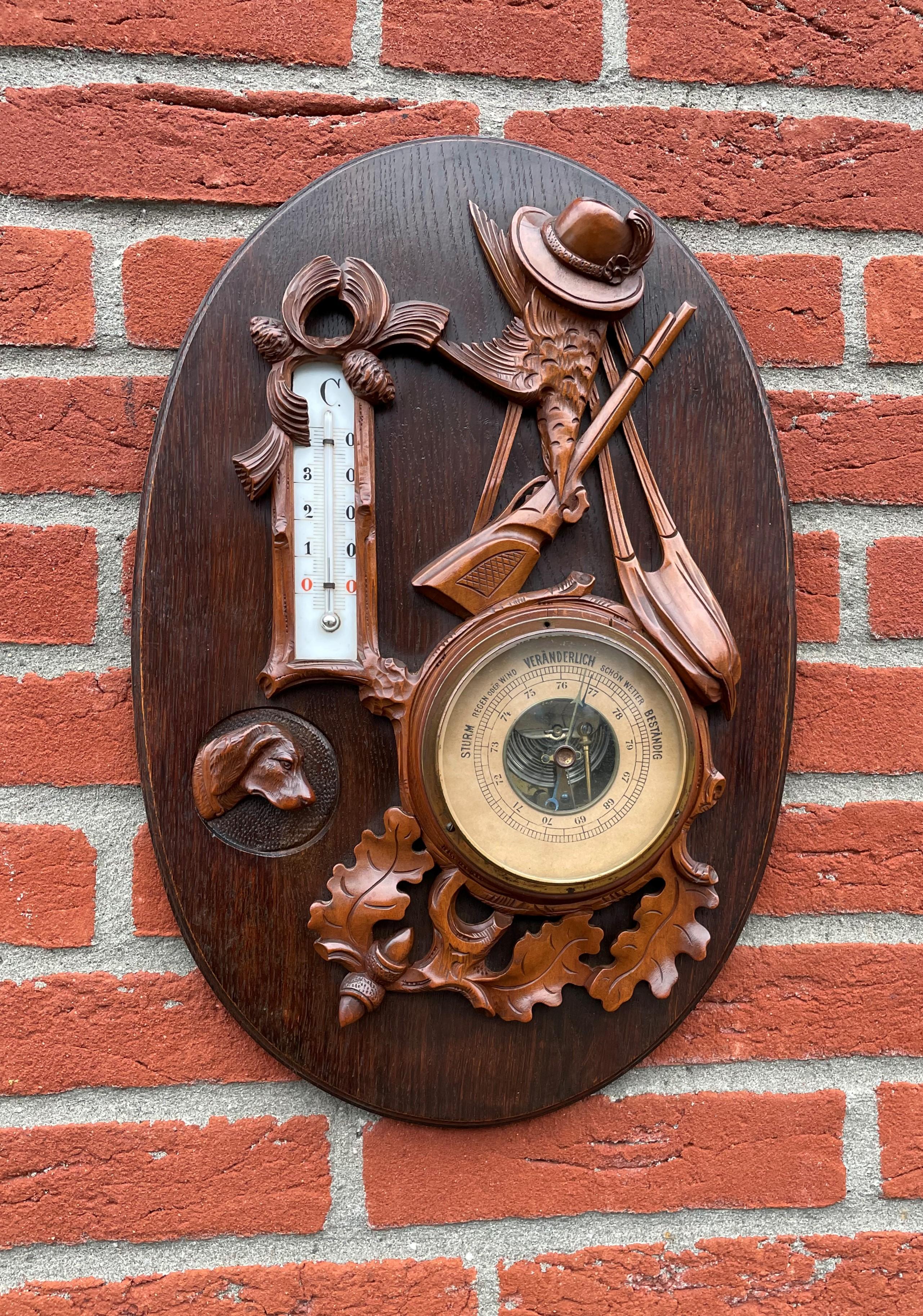 Fabulous antique Black Forest wall barometer and thermometer.

This good size and finest quality carved barometer could be the perfect Black Forest antique to grace your home or lodge. The details in all of the hunting related sculptures reveal the