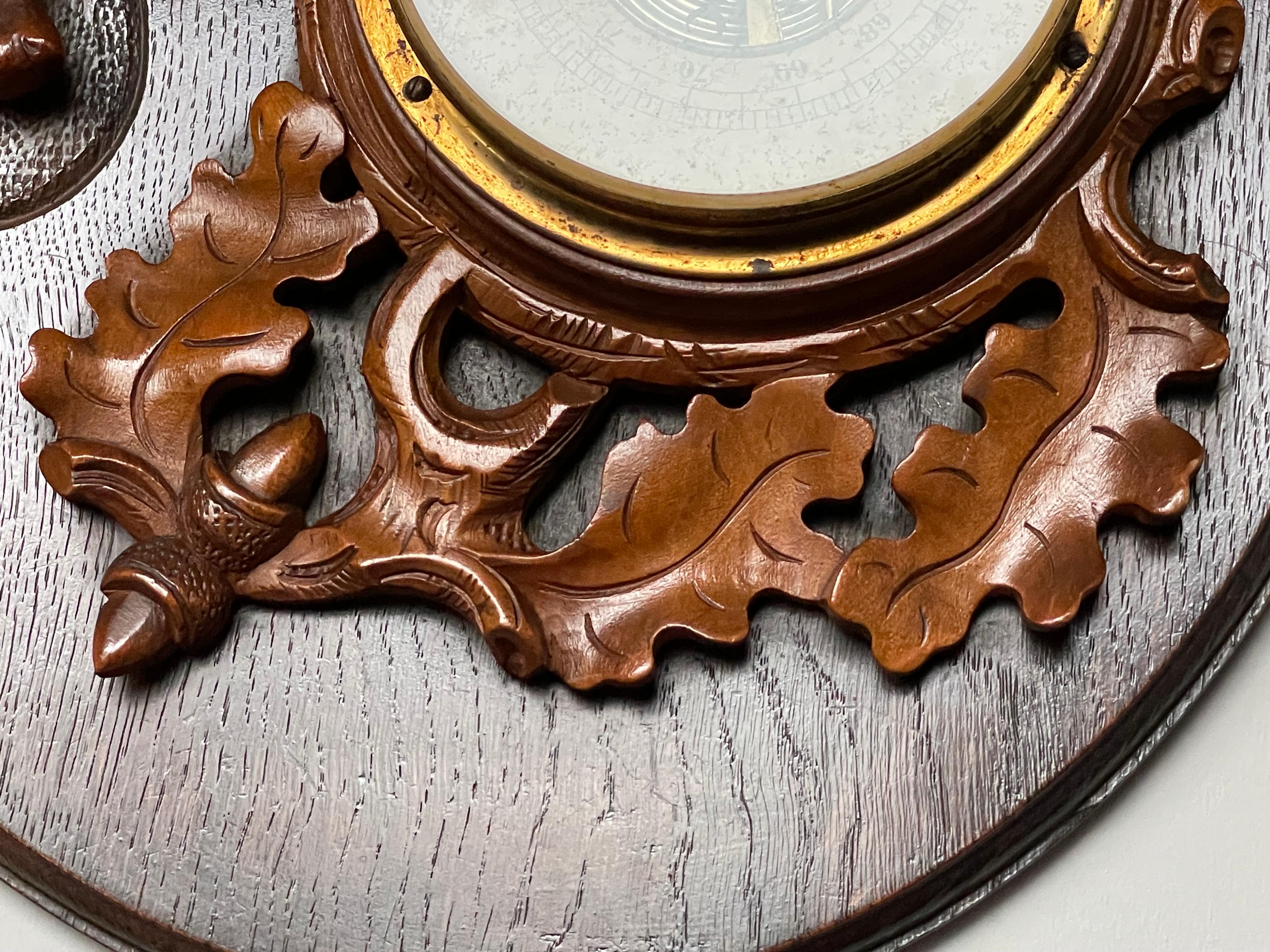 Black Forest Antique Hand Carved Oak & Walnut Swiss Barometer w. Hunting Gear & Hound Carving For Sale