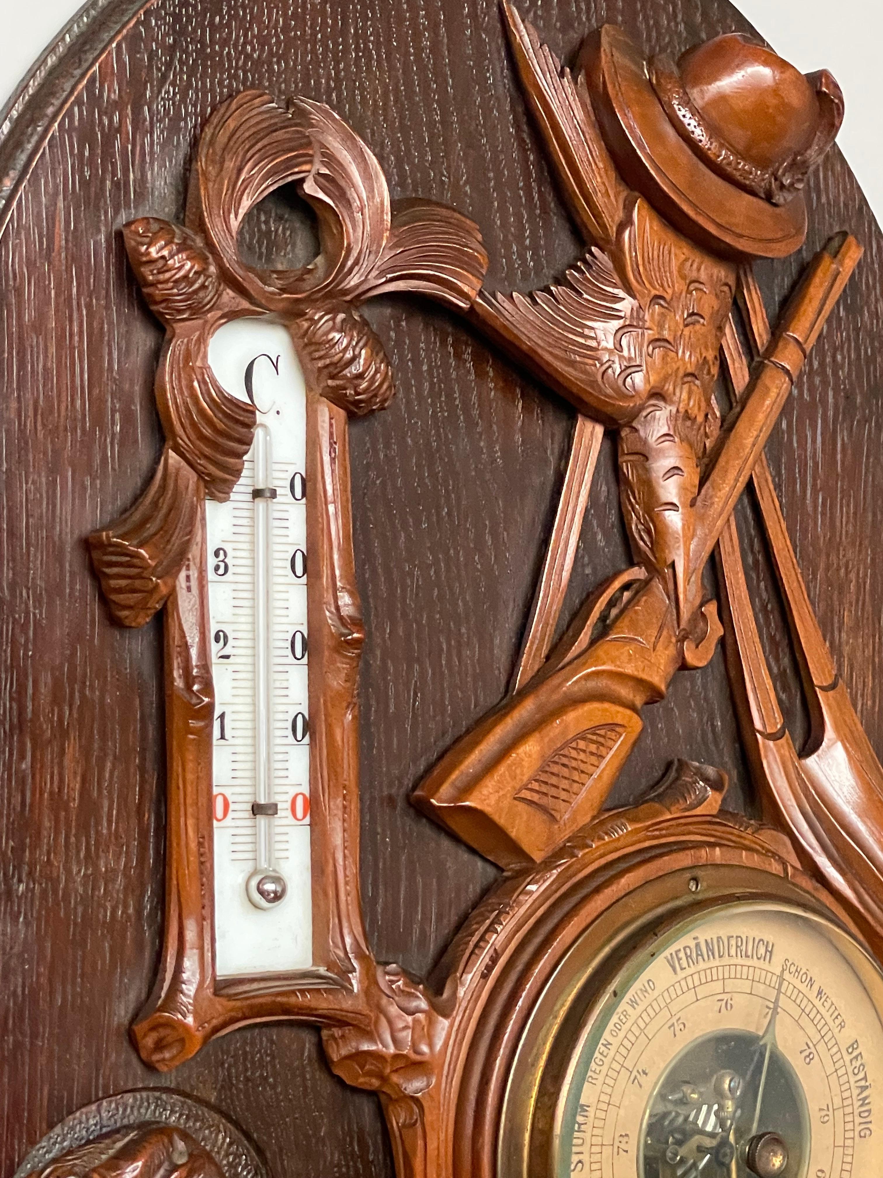 Beveled Antique Hand Carved Oak & Walnut Swiss Barometer w. Hunting Gear & Hound Carving For Sale