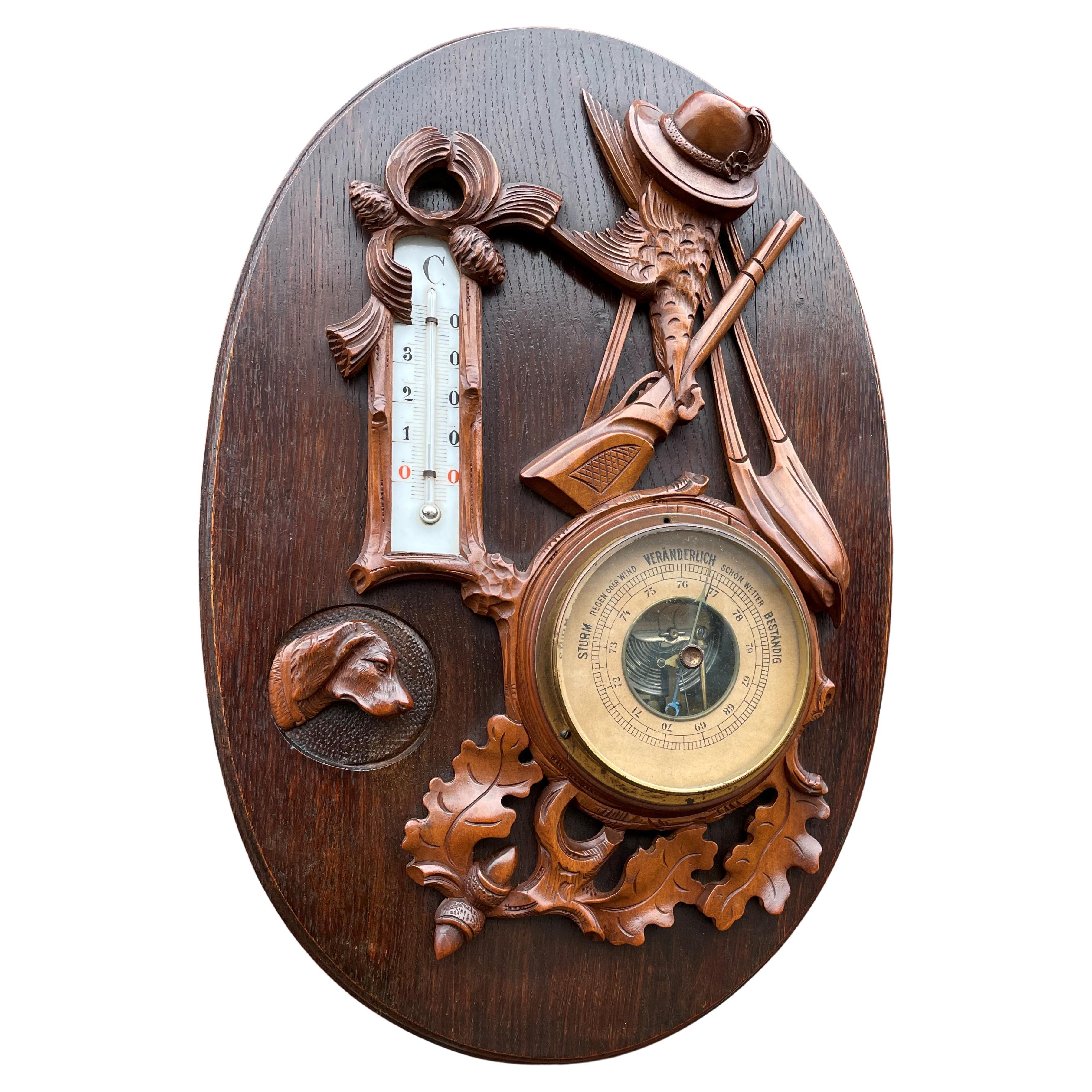 Antique Hand Carved Oak & Walnut Swiss Barometer w. Hunting Gear & Hound Carving For Sale