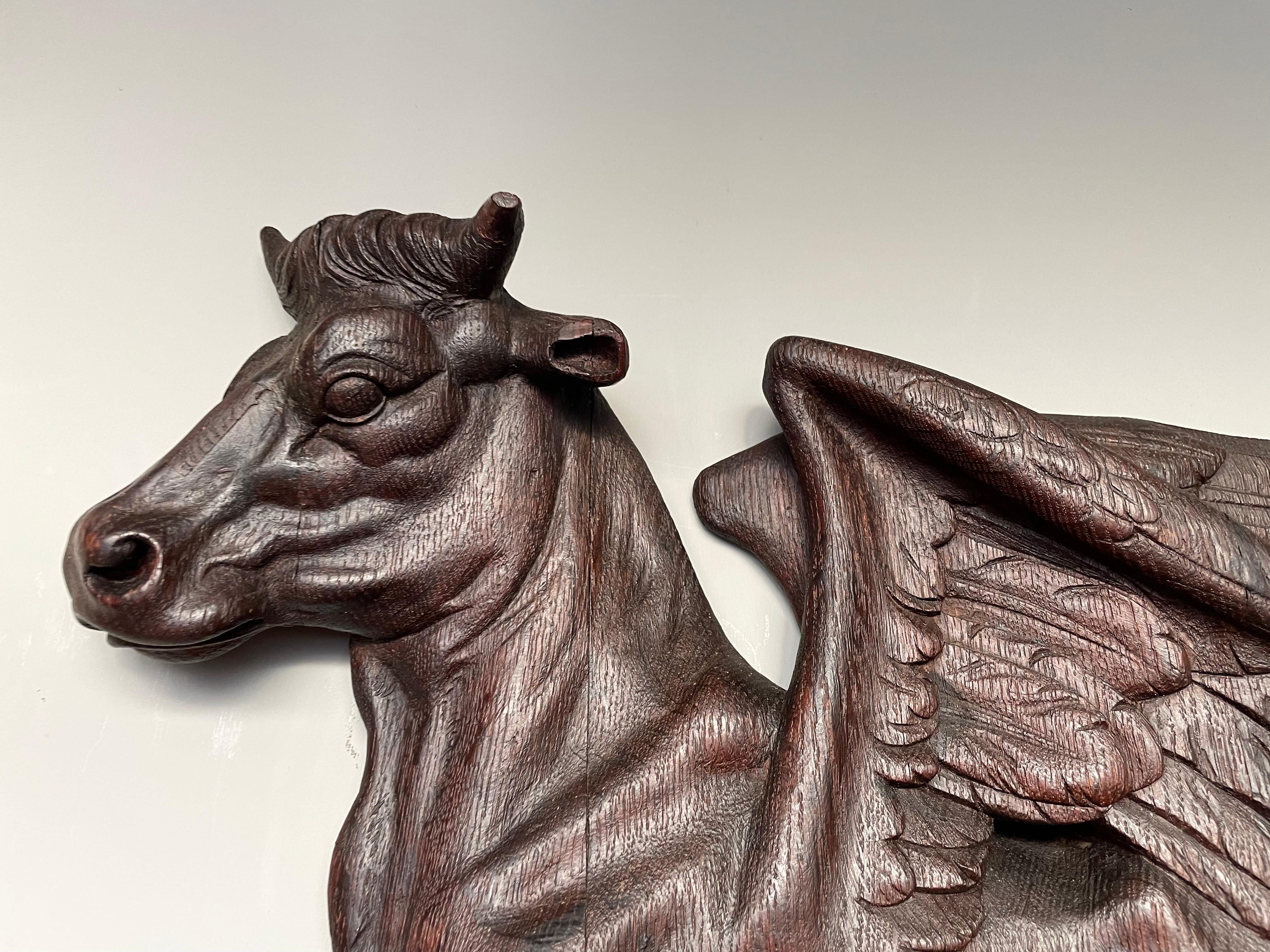19th Century Antique Hand Carved Oak Winged Ox Sculpture, Symbol of Saint Luke the Evangelist For Sale