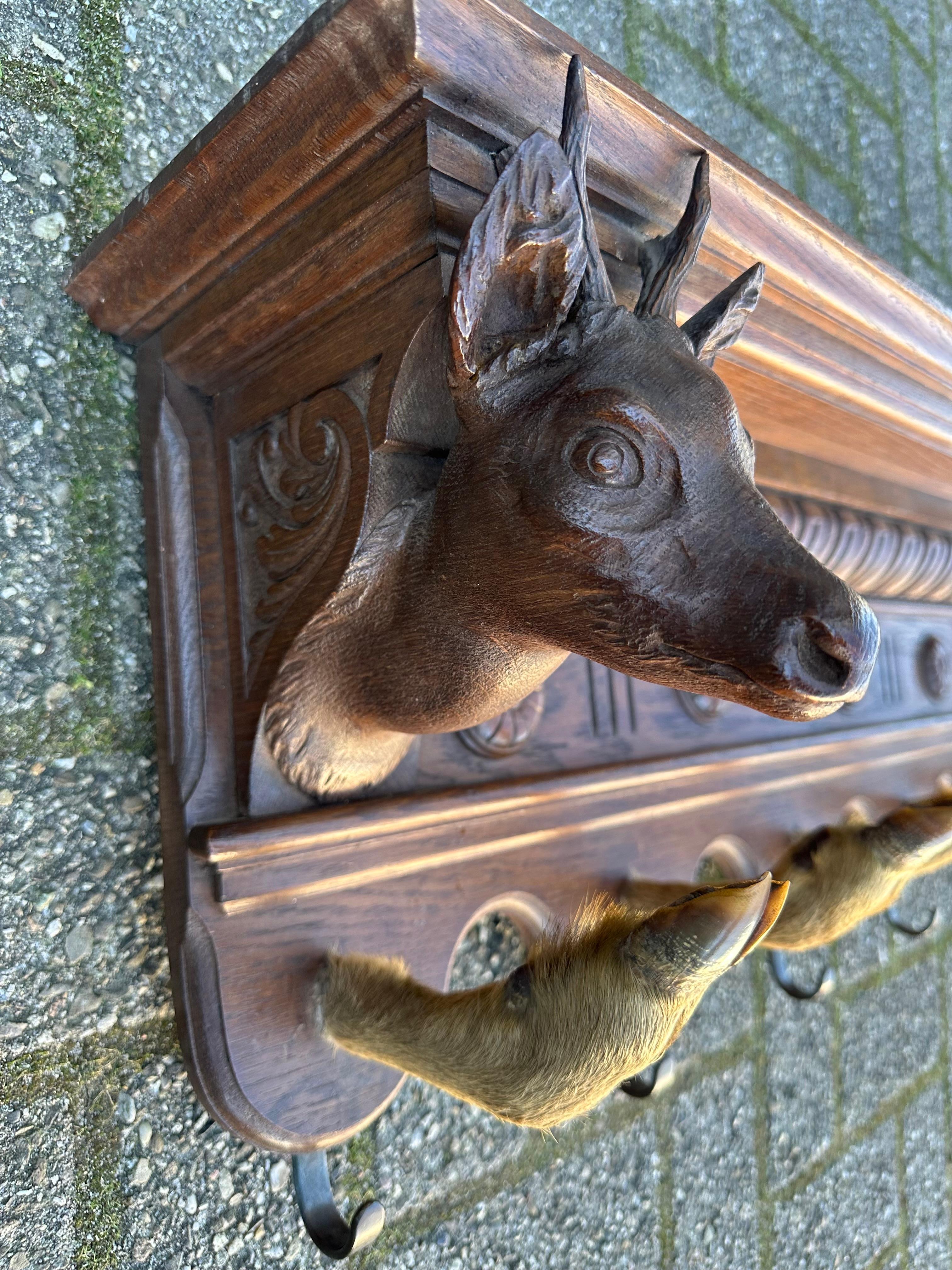 European Antique Hand Carved Oak Wood Wall Coat Rack with Deer Head Sculptures circa 1890 For Sale