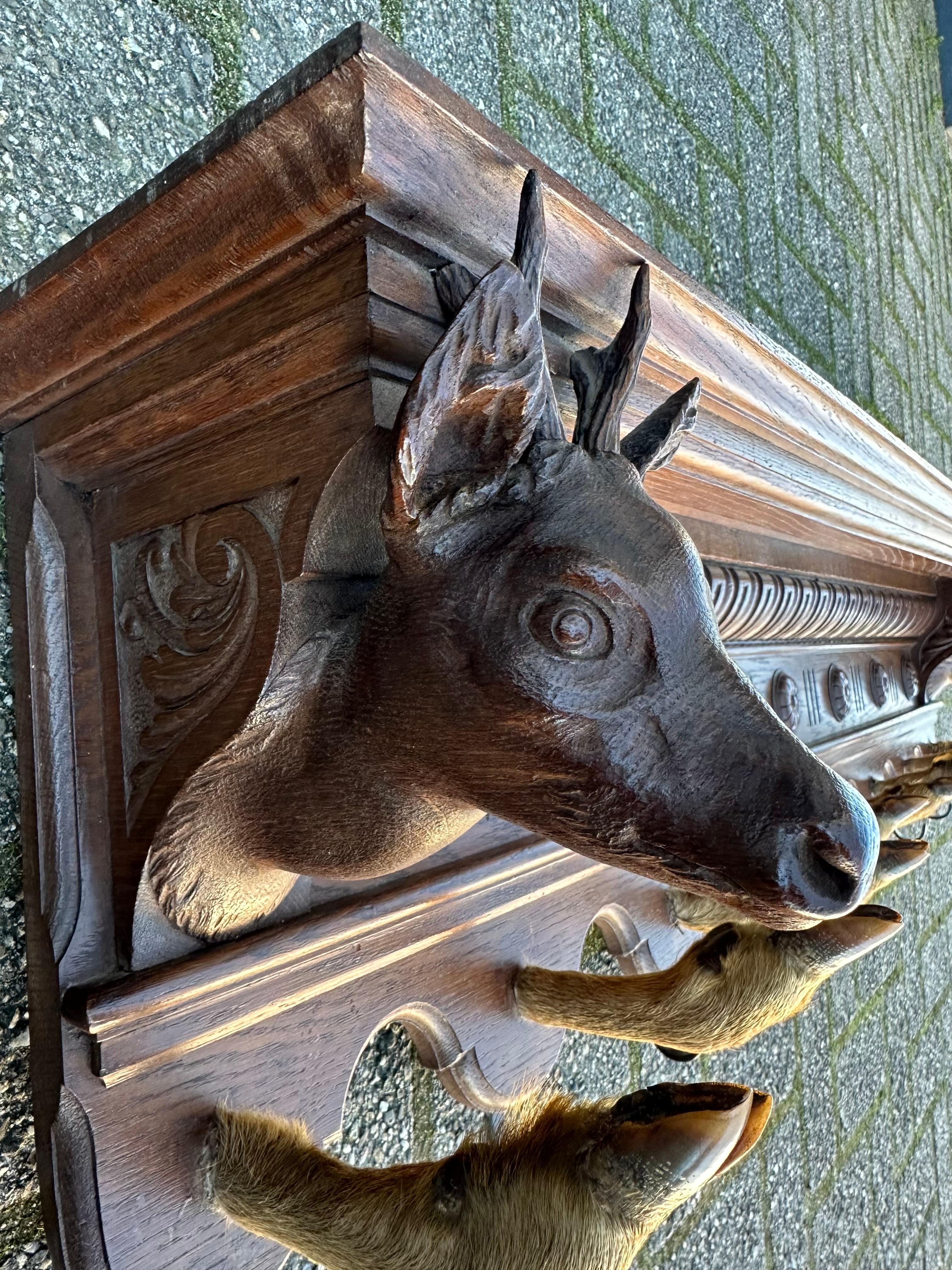 Antique Hand Carved Oak Wood Wall Coat Rack with Deer Head Sculptures circa 1890 In Good Condition For Sale In Lisse, NL