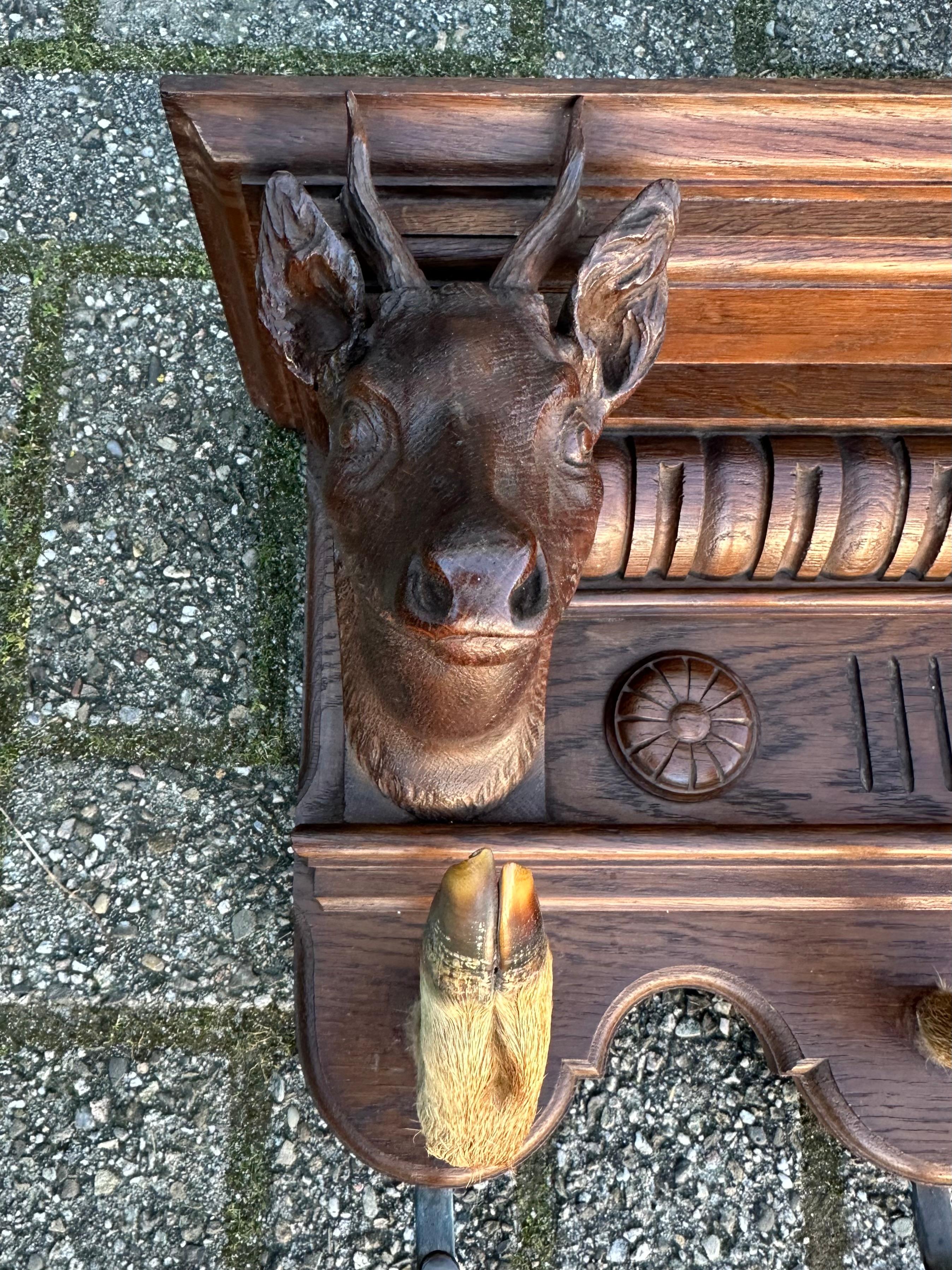 Brass Antique Hand Carved Oak Wood Wall Coat Rack with Deer Head Sculptures circa 1890 For Sale