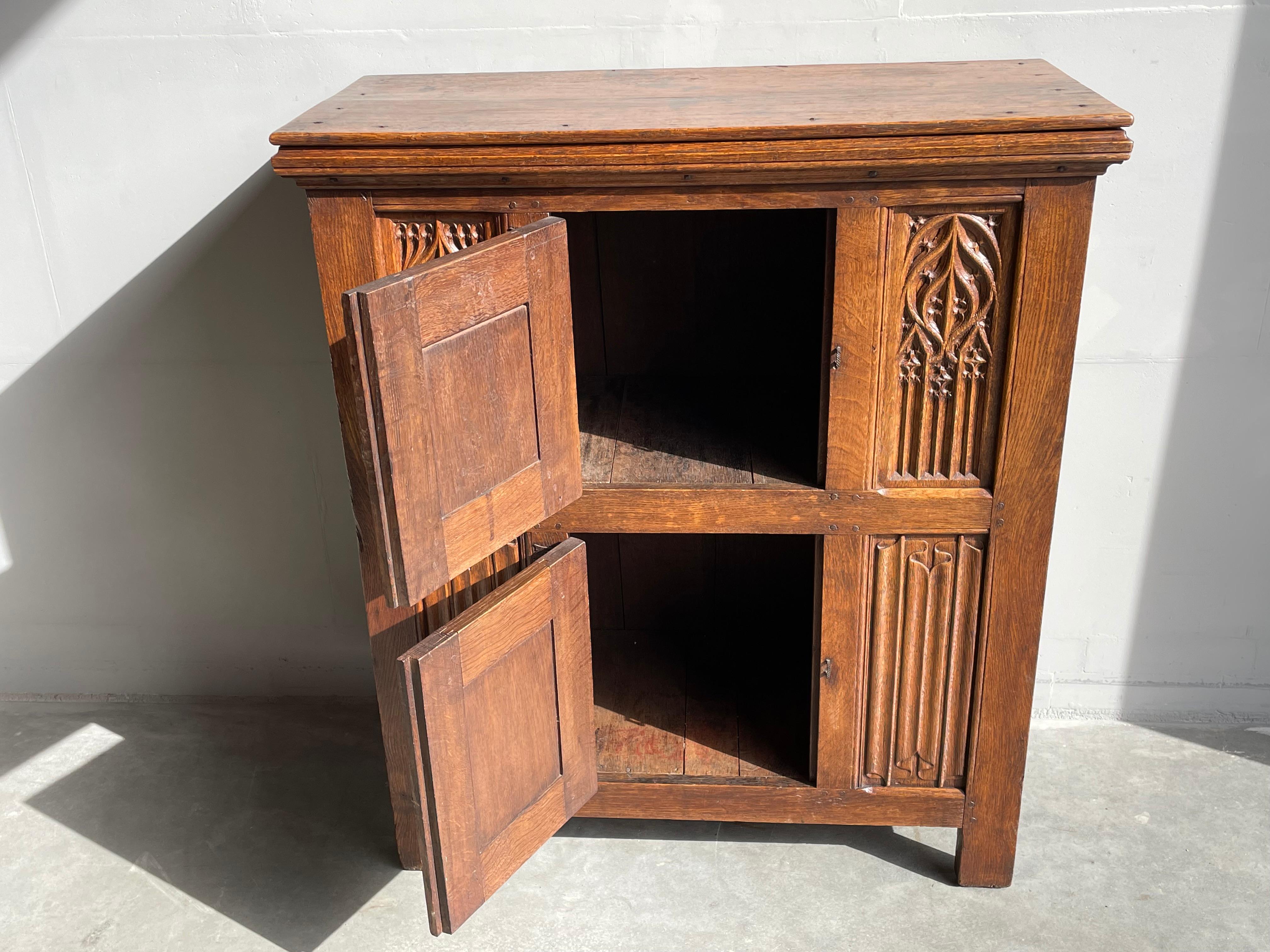 Antique Hand Carved Oak & Wrought Iron Gothic Church Cabinet / Two Tier Credenza For Sale 7