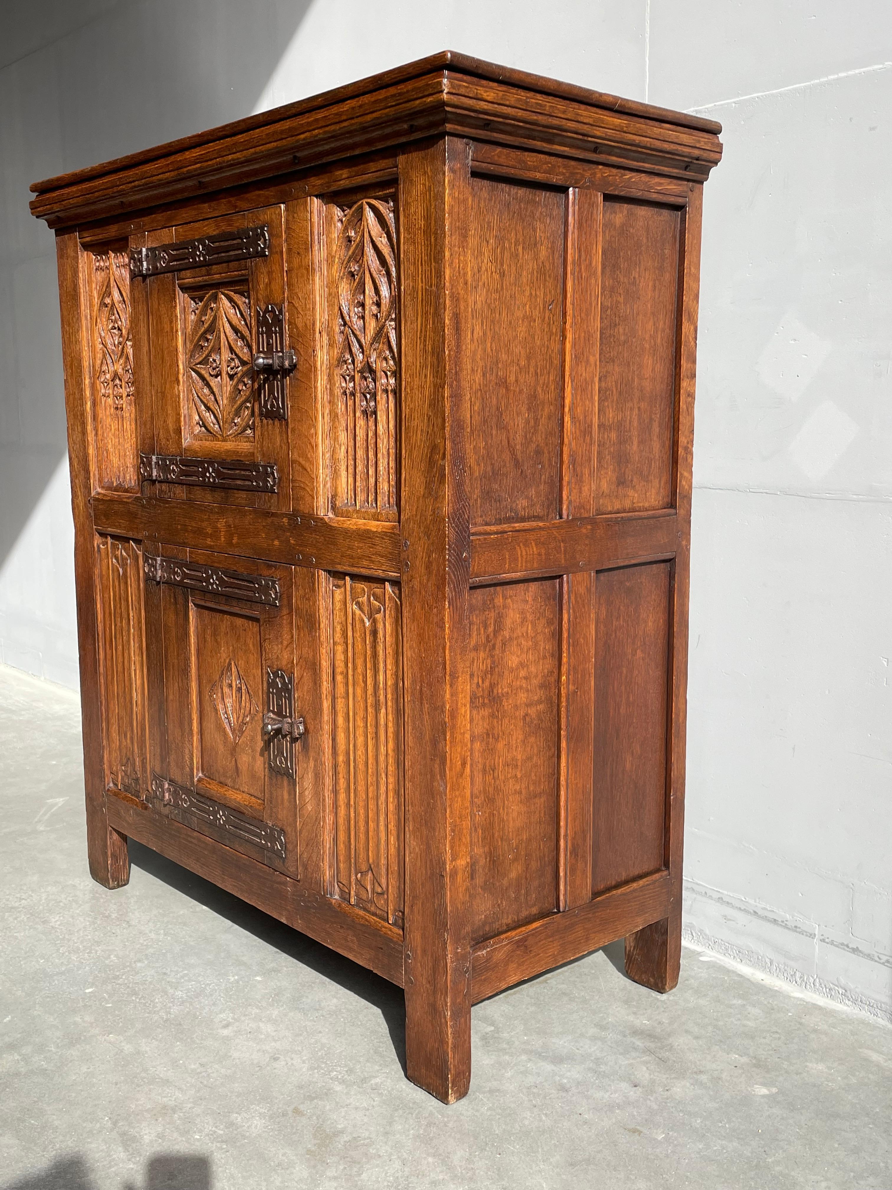 Antique Hand Carved Oak & Wrought Iron Gothic Church Cabinet / Two Tier Credenza For Sale 8