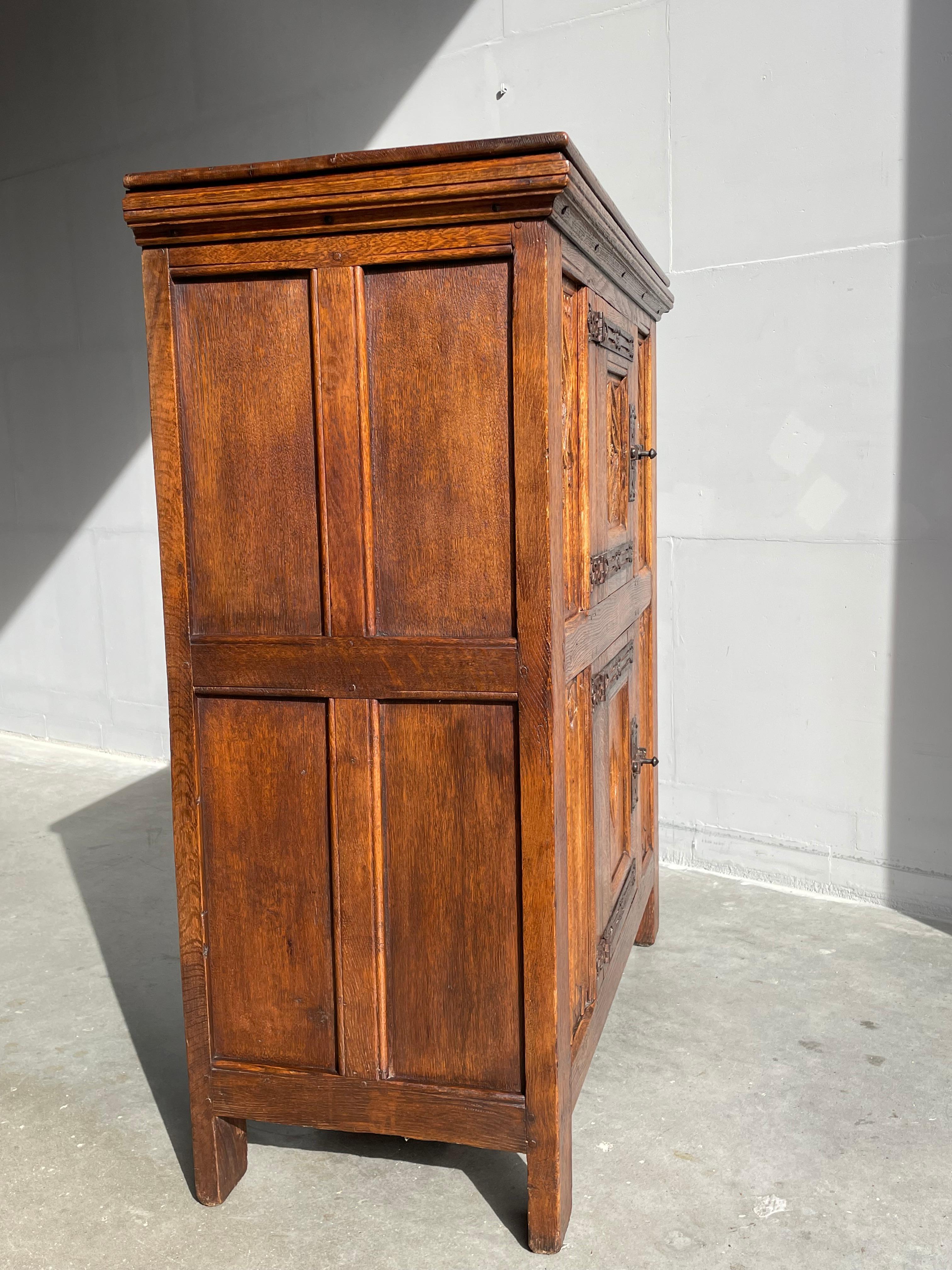 Antique Hand Carved Oak & Wrought Iron Gothic Church Cabinet / Two Tier Credenza For Sale 9