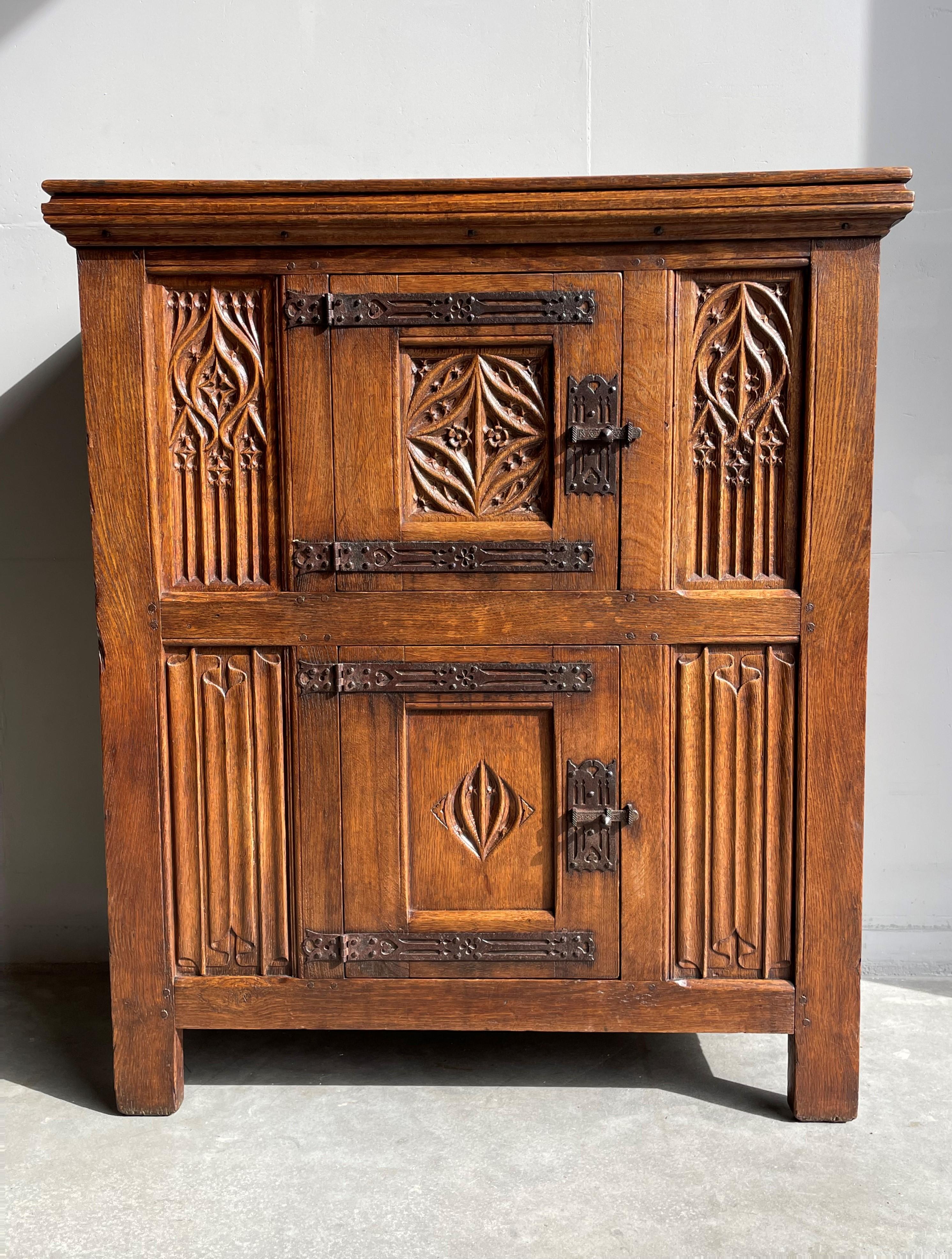 Gothic Revival Antique Hand Carved Oak & Wrought Iron Gothic Church Cabinet / Two Tier Credenza For Sale