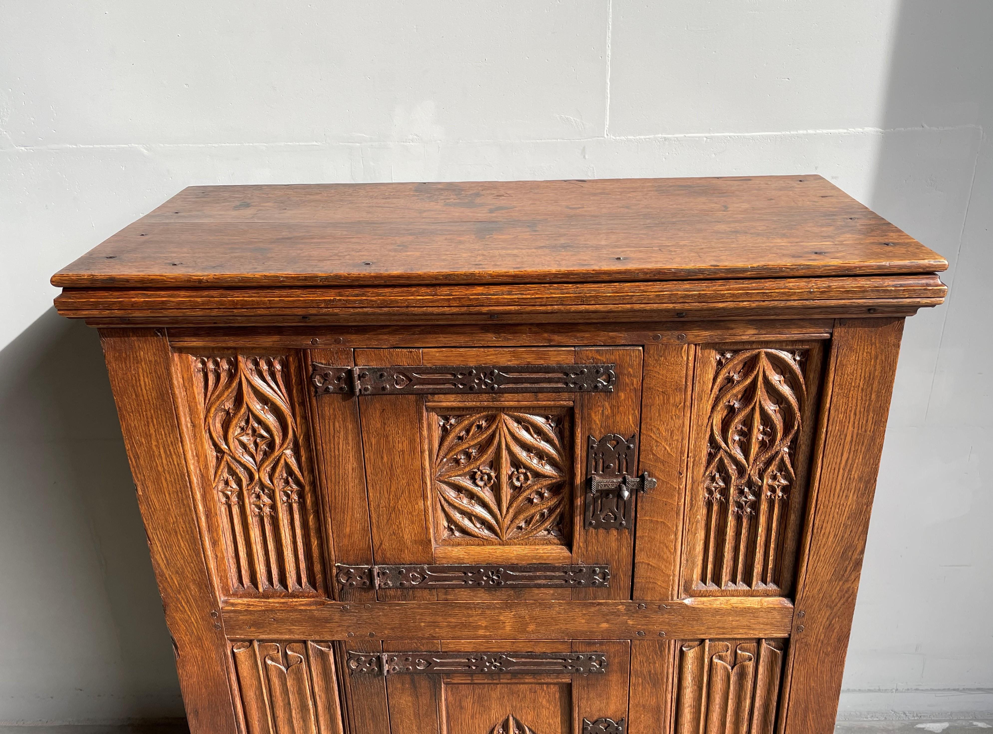 Dutch Antique Hand Carved Oak & Wrought Iron Gothic Church Cabinet / Two Tier Credenza For Sale
