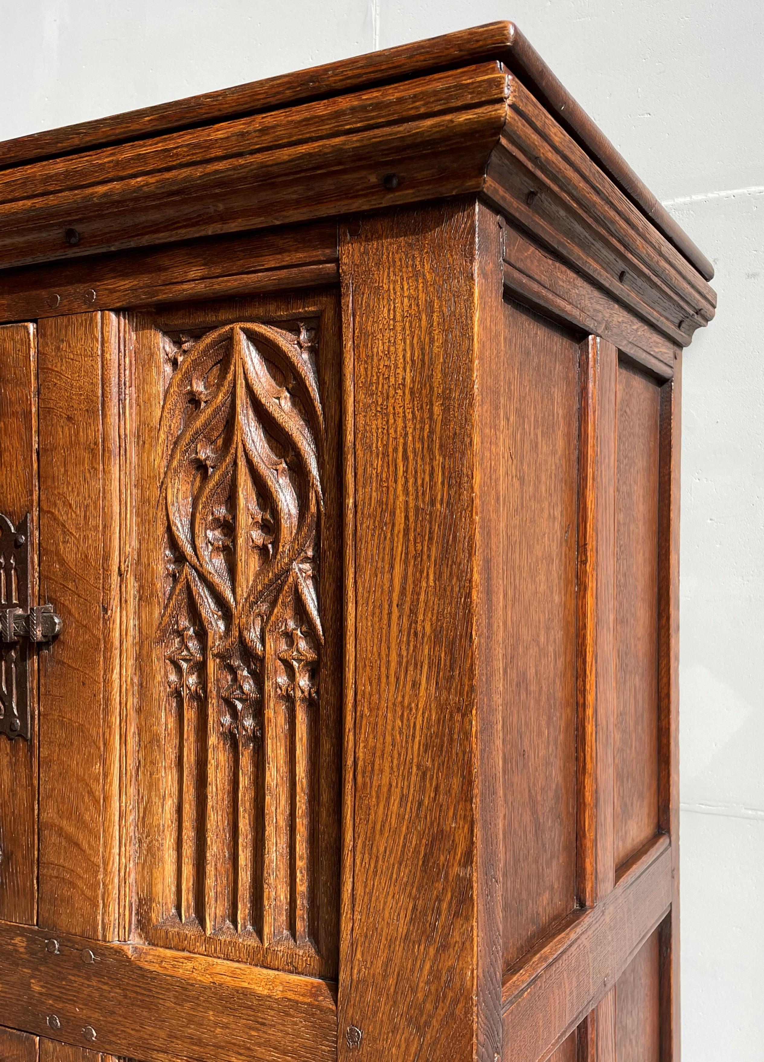 Hand-Carved Antique Hand Carved Oak & Wrought Iron Gothic Church Cabinet / Two Tier Credenza For Sale