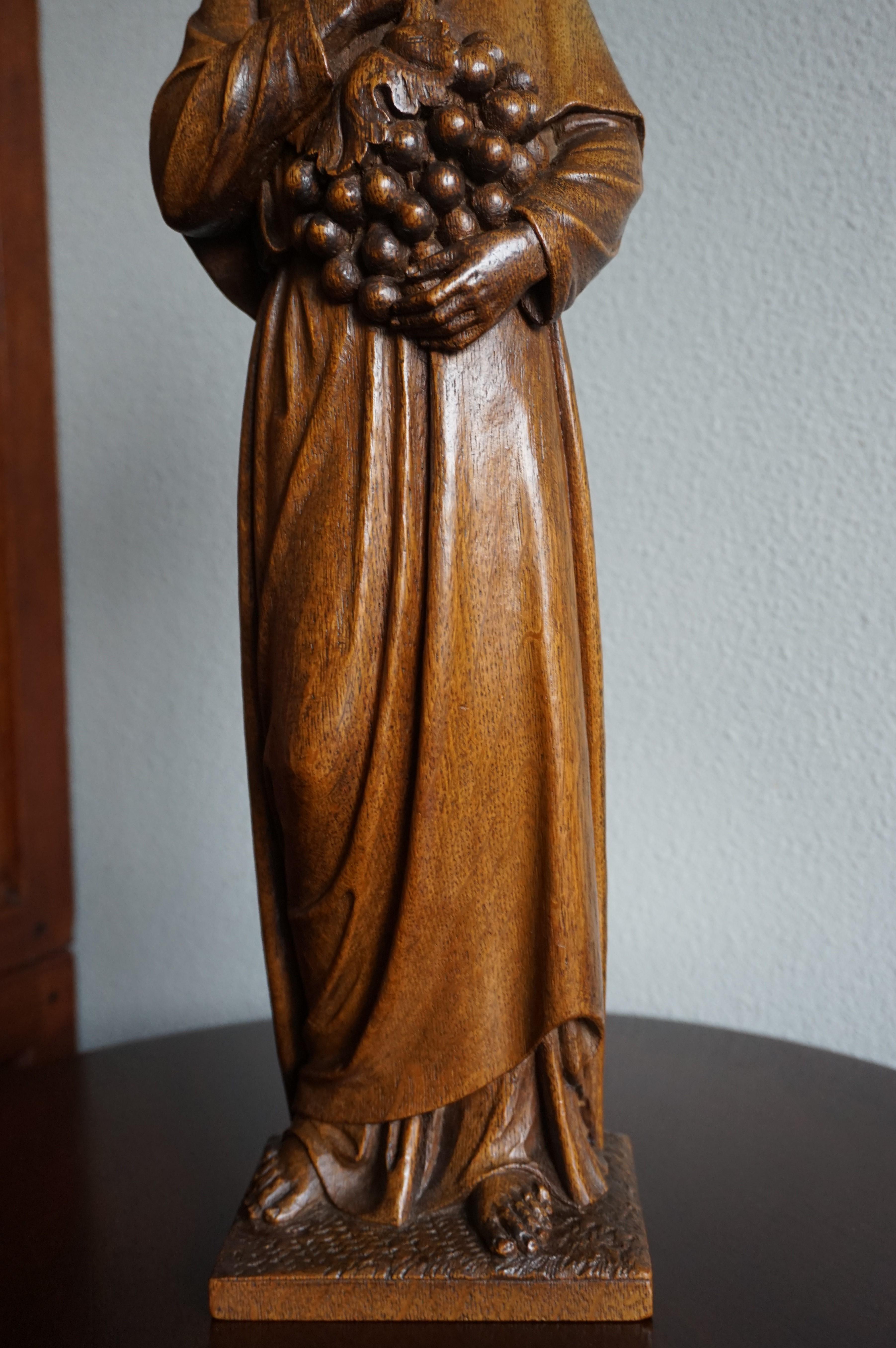 Antique Hand Carved Oakwood Church Sculpture of a Saint Holding a Grape Bunch 2