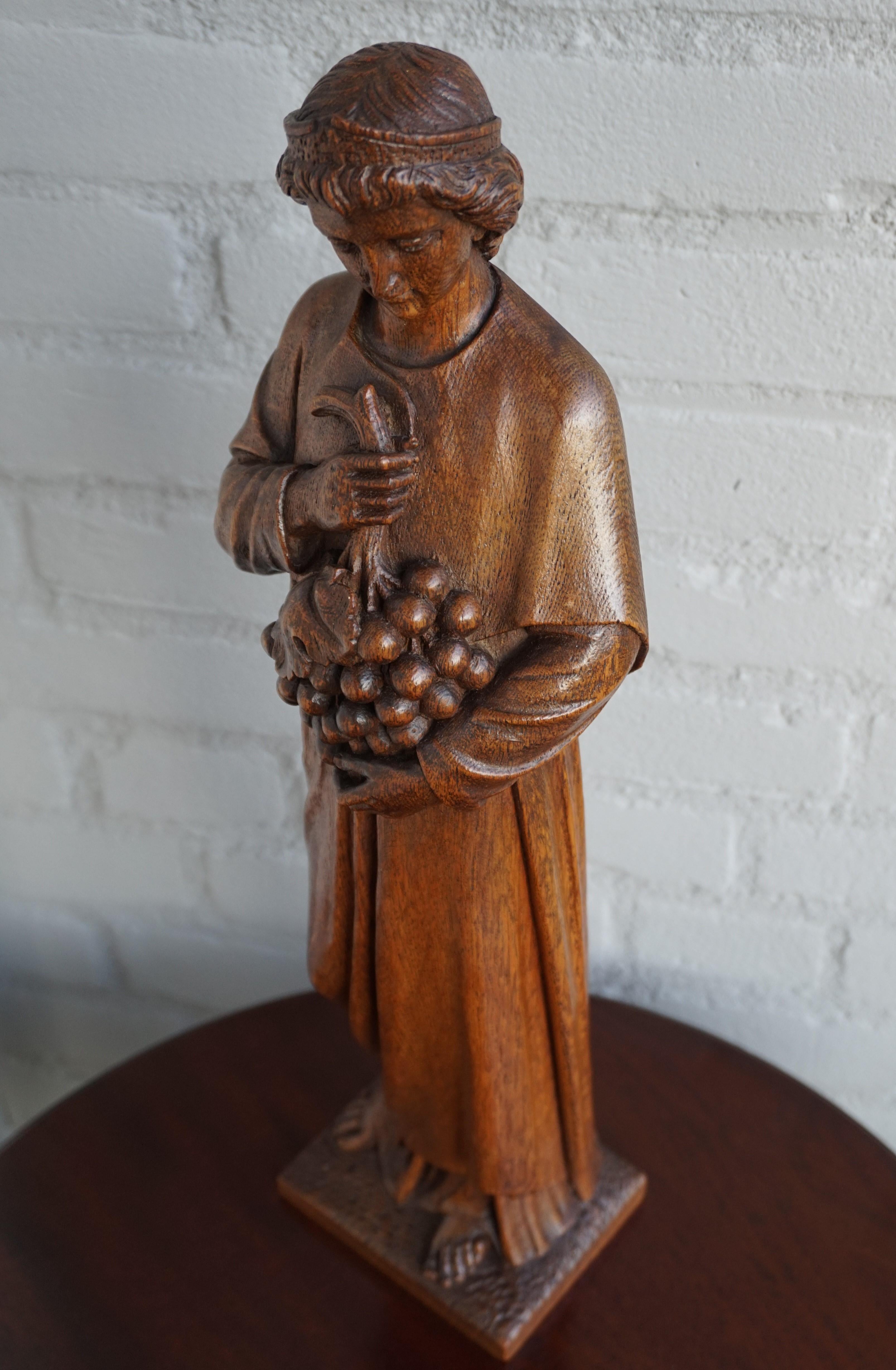 Antique Hand Carved Oakwood Church Sculpture of a Saint Holding a Grape Bunch 5