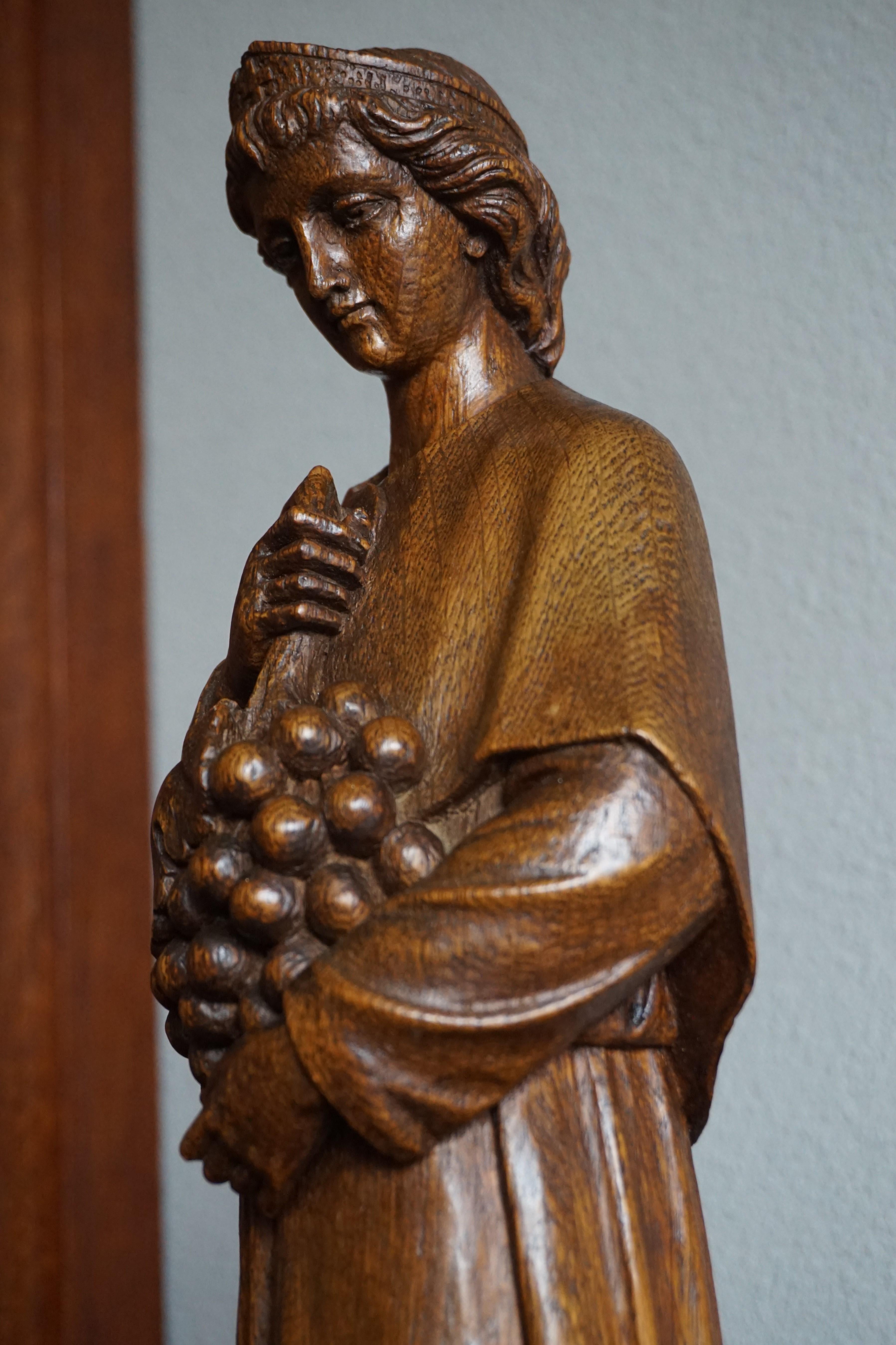 Antique Hand Carved Oakwood Church Sculpture of a Saint Holding a Grape Bunch 6