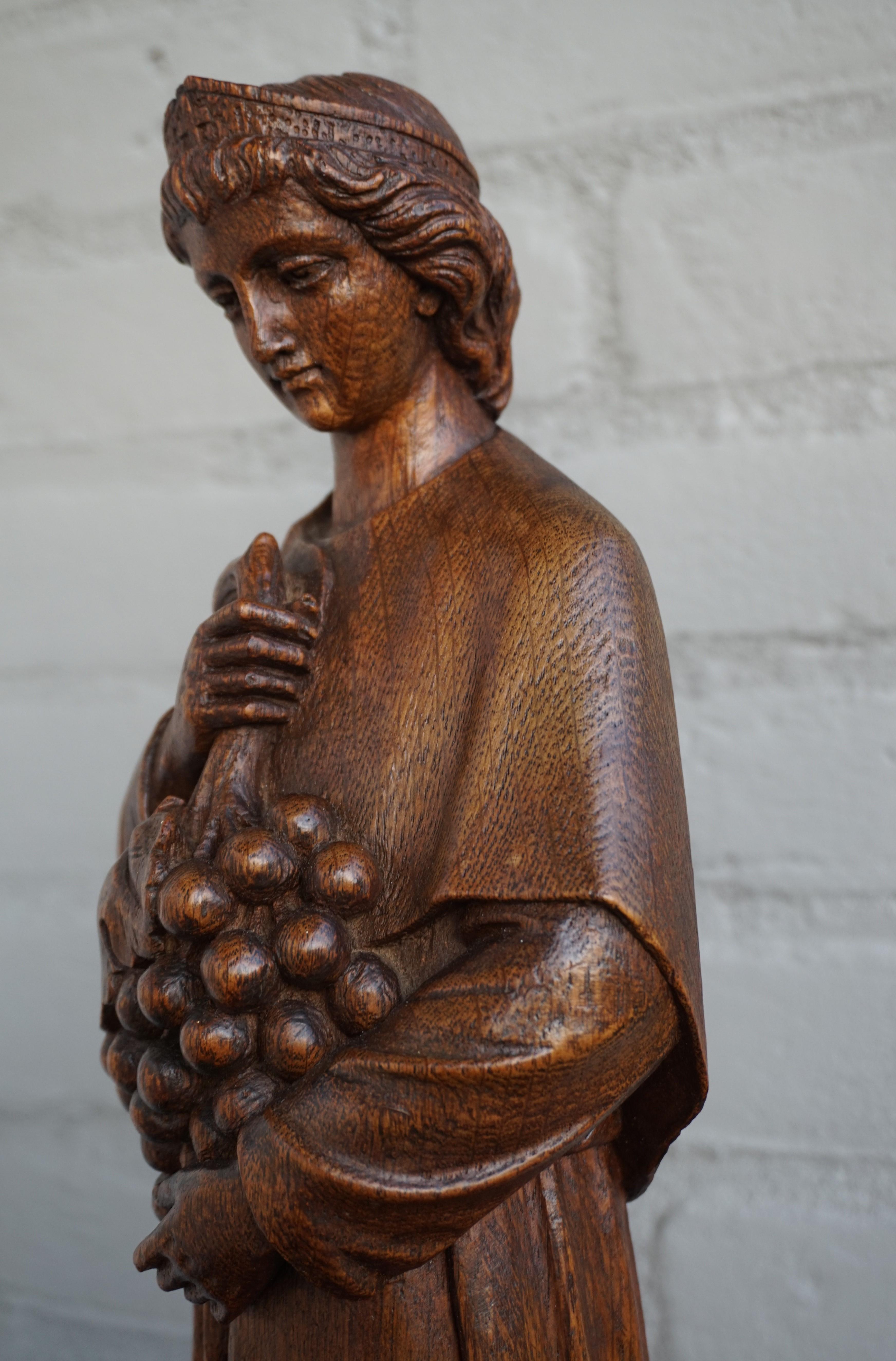 Antique Hand Carved Oakwood Church Sculpture of a Saint Holding a Grape Bunch 7