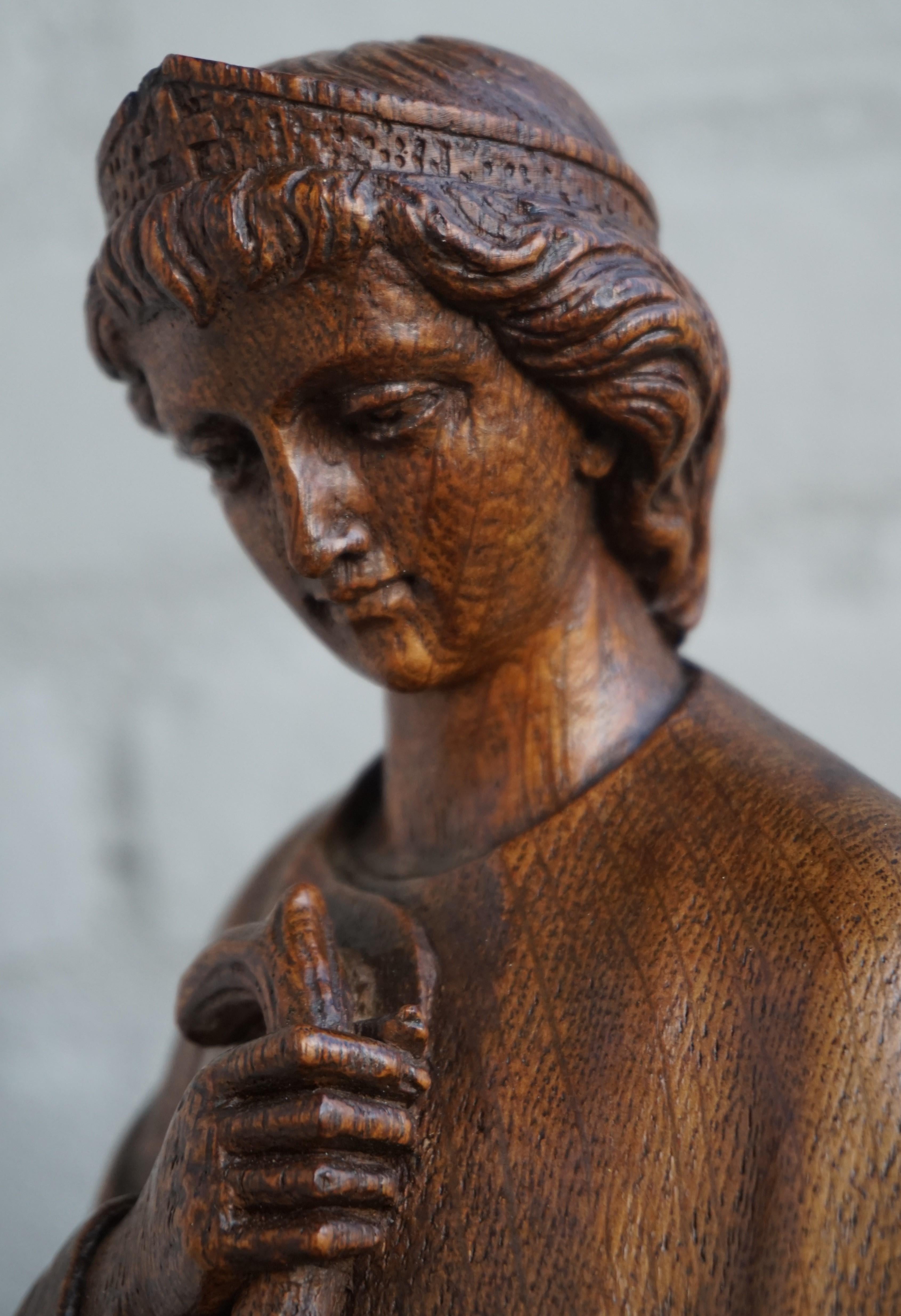 Antique Hand Carved Oakwood Church Sculpture of a Saint Holding a Grape Bunch 8