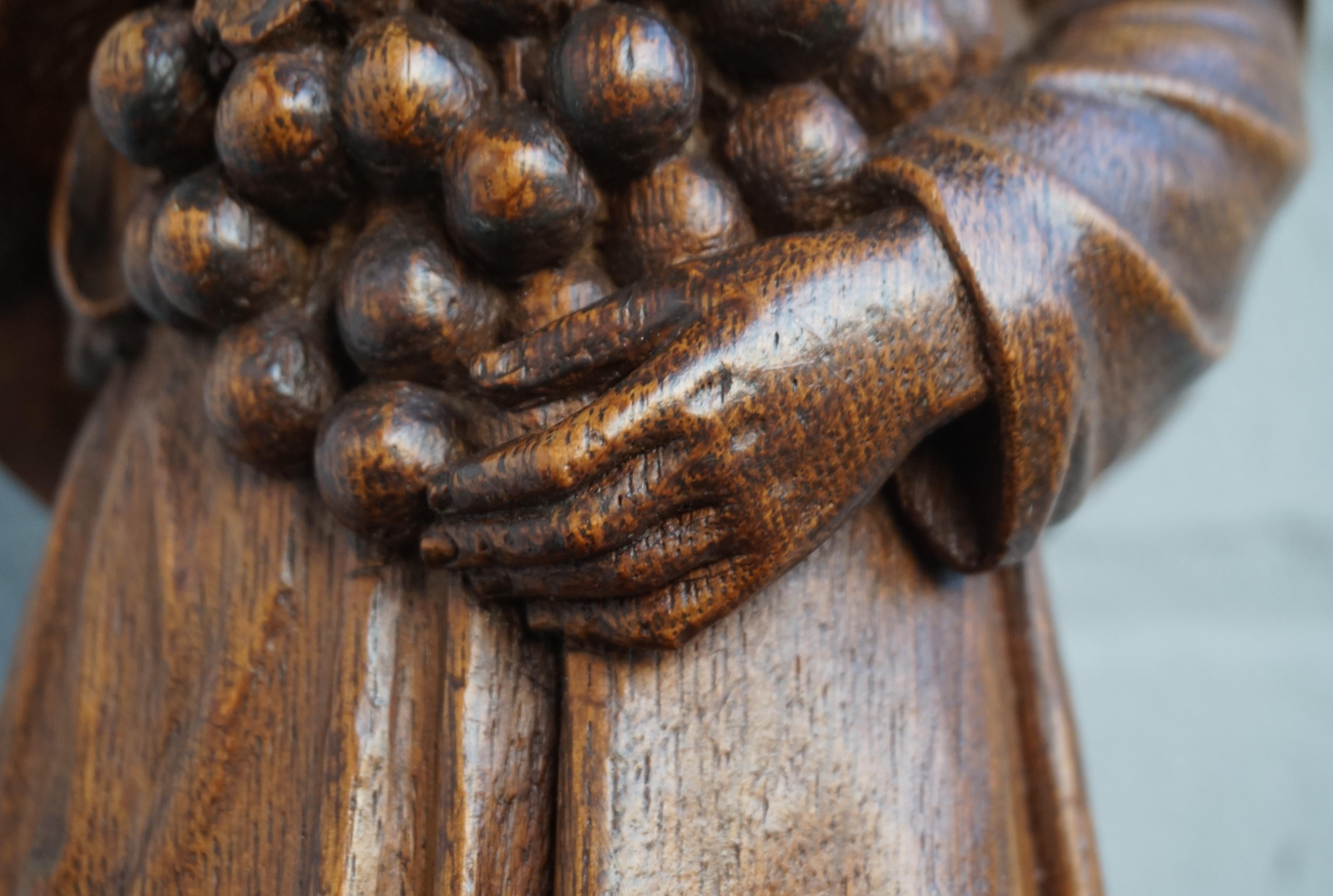 Antique Hand Carved Oakwood Church Sculpture of a Saint Holding a Grape Bunch 9