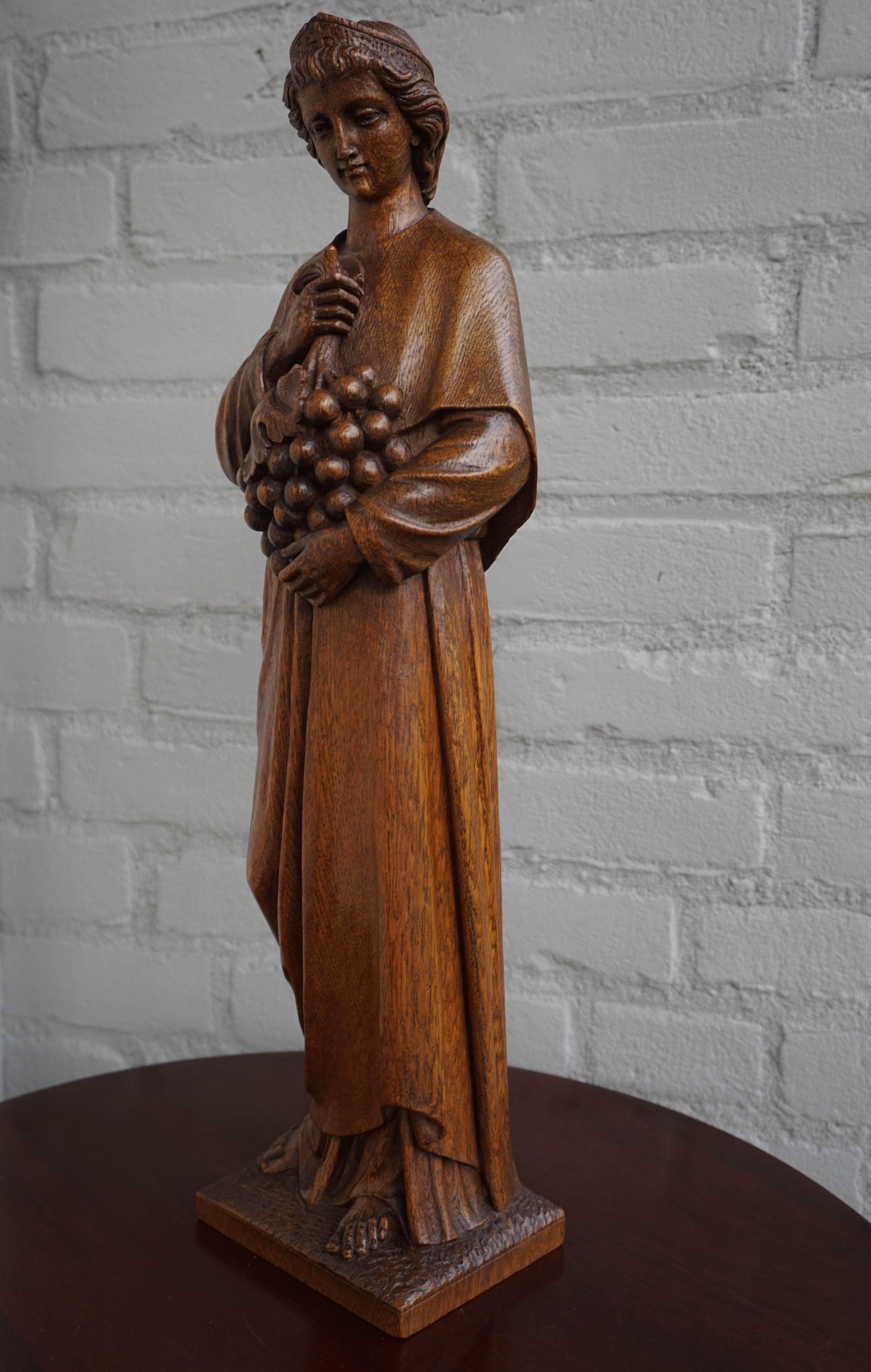 Antique Hand Carved Oakwood Church Sculpture of a Saint Holding a Grape Bunch 12