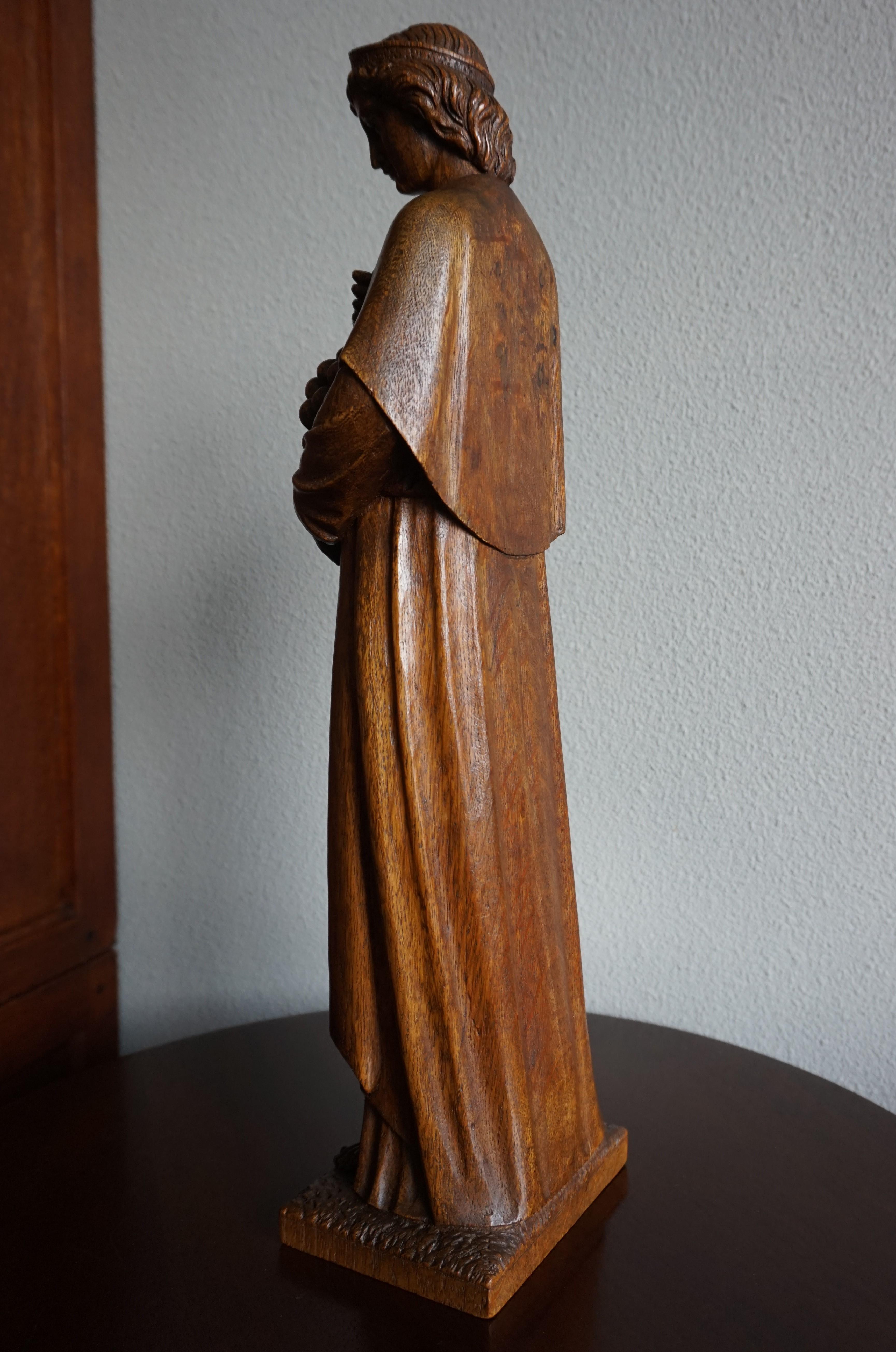 19th Century Antique Hand Carved Oakwood Church Sculpture of a Saint Holding a Grape Bunch
